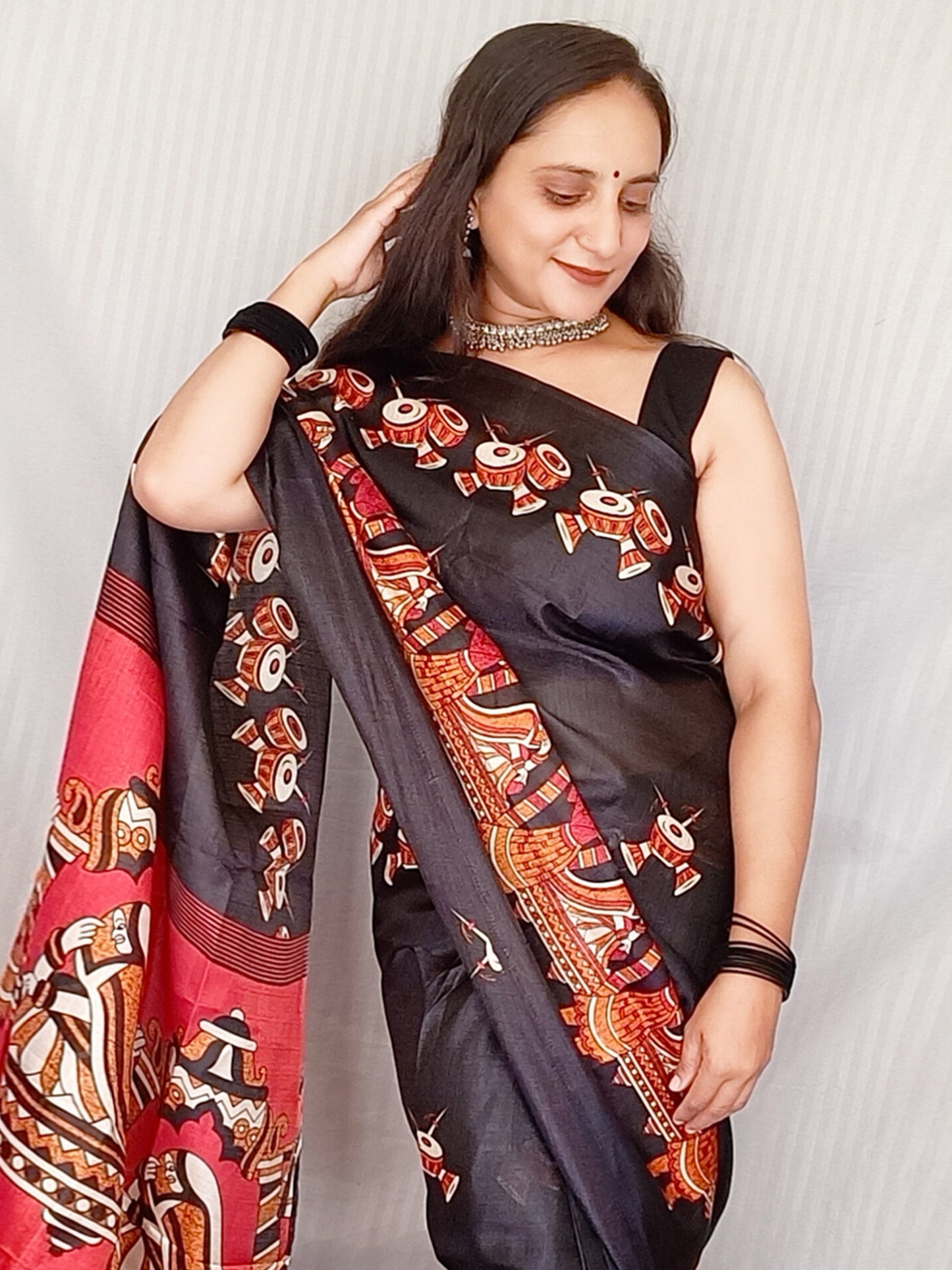 Women's Bhagalpuri Silk Black Printed Ready to Wear With Blouse Piece