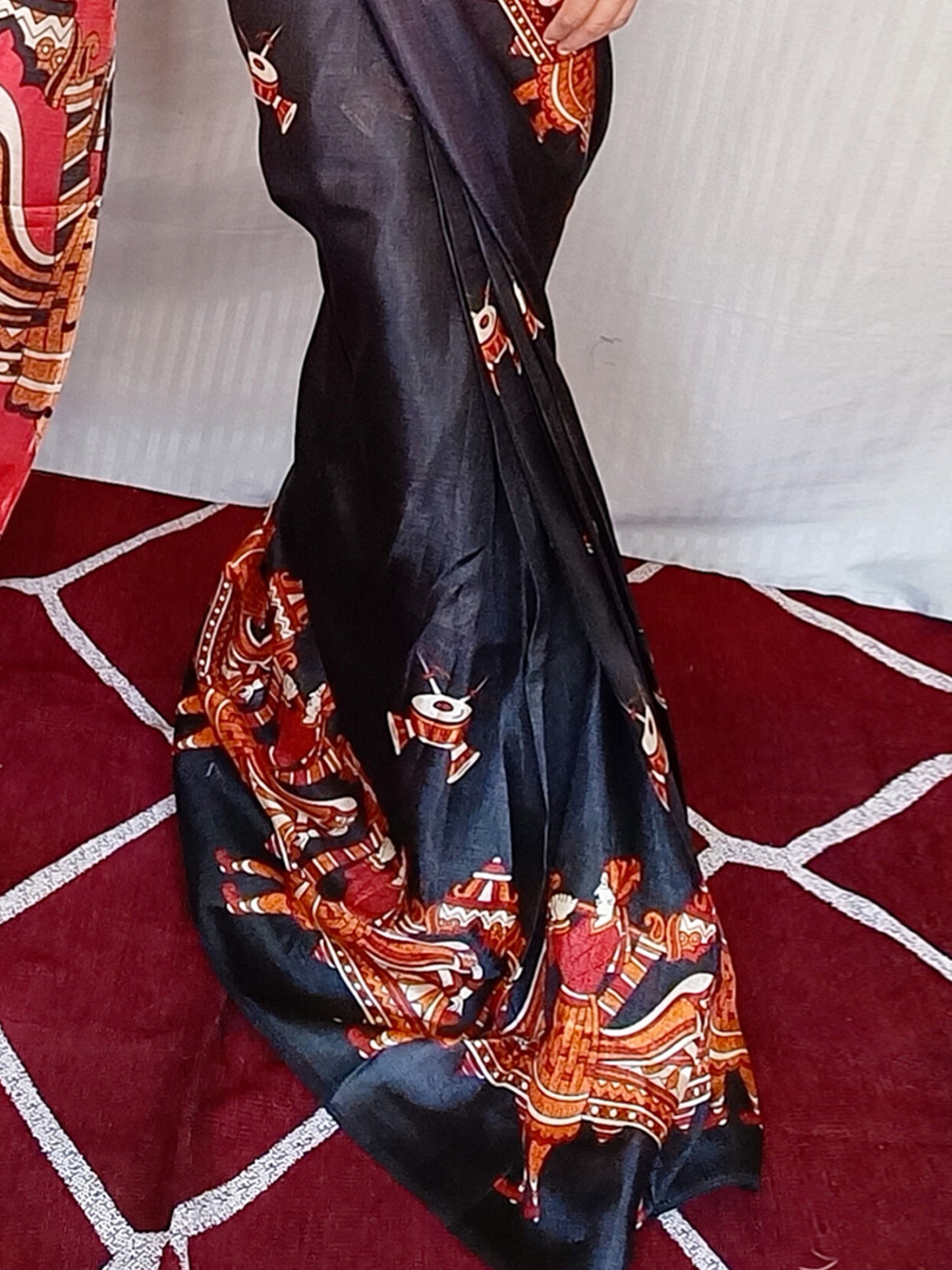 Women's Bhagalpuri Silk Black Printed Ready to Wear With Blouse Piece