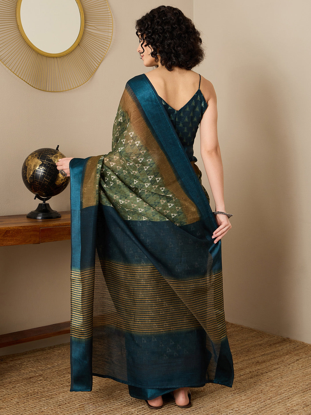 Women's Linen Olive Printed Ready to Wear With Blouse Piece