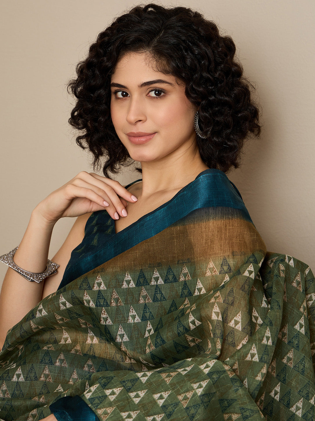 Women's Linen Olive Printed Ready to Wear With Blouse Piece