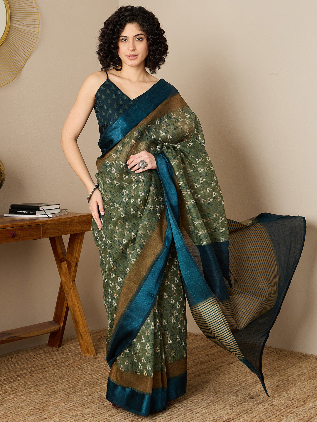 Women's Linen Olive Printed Ready to Wear With Blouse Piece