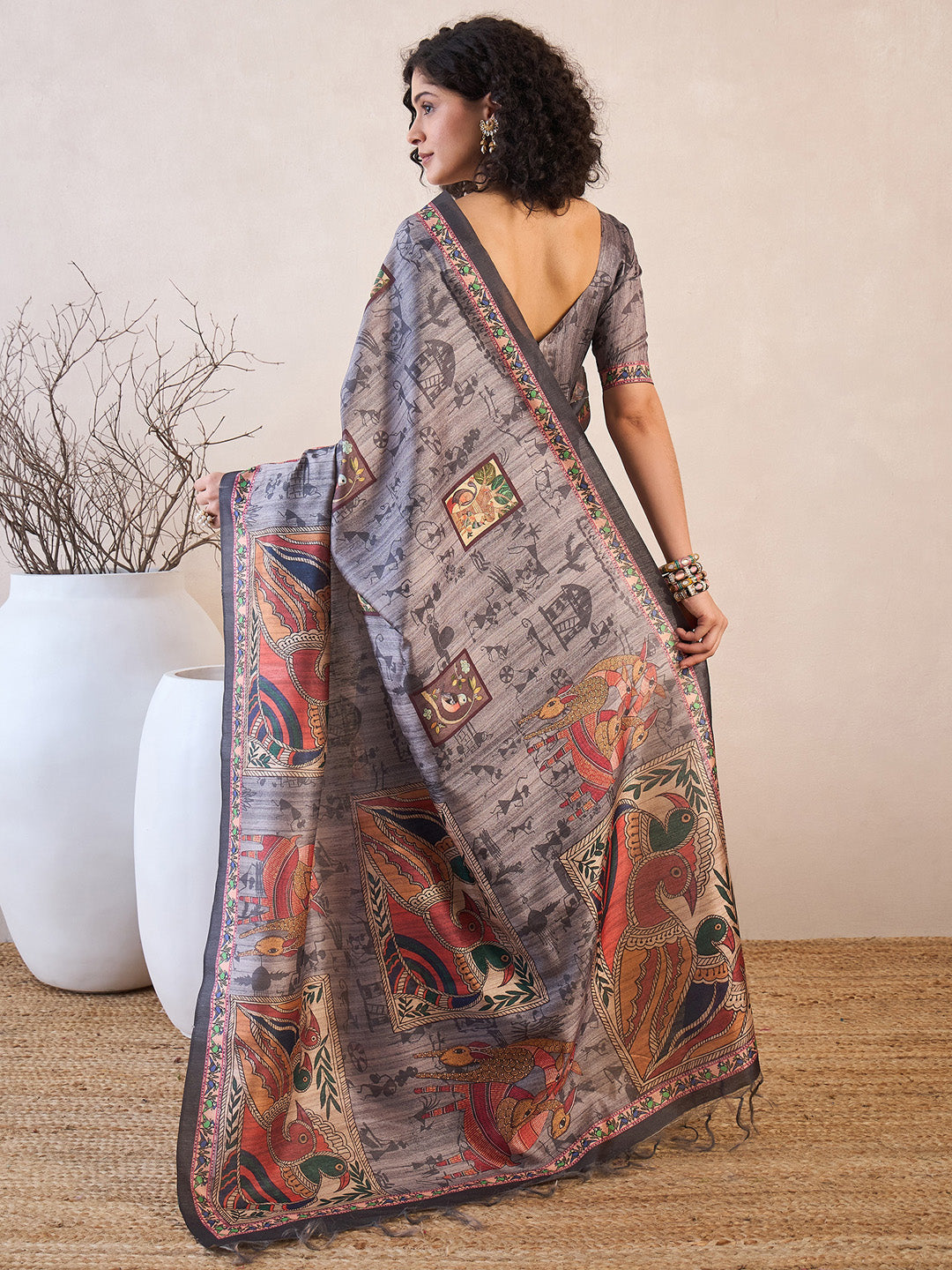 Women's Manipuri Silk Charcoal Grey Printed Ready to Wear With Blouse Piece