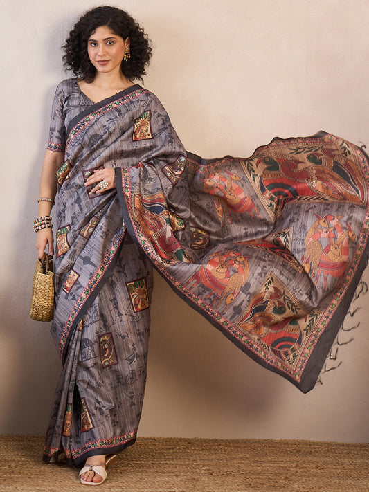 Women's Manipuri Silk Charcoal Grey Printed Ready to Wear With Blouse Piece