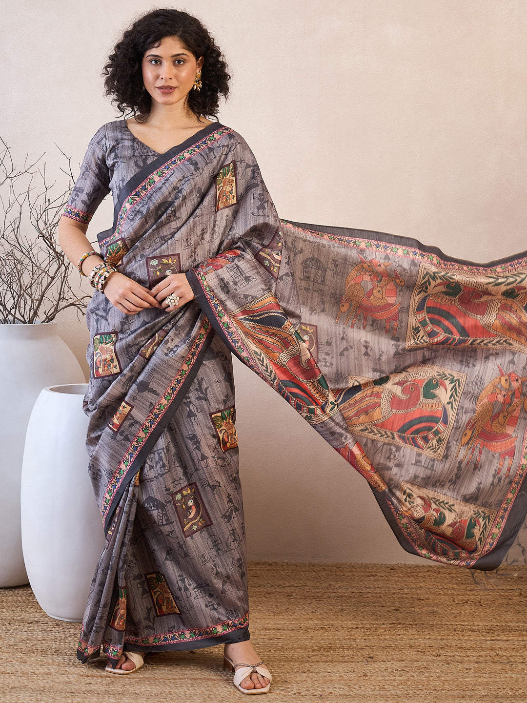 Women's Manipuri Silk Charcoal Grey Printed Ready to Wear With Blouse Piece