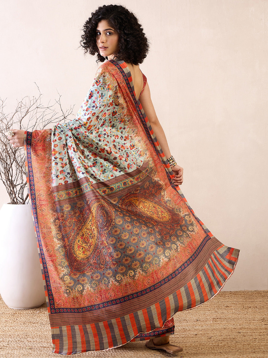 Women's Poly Silk Sea Green Printed Ready to Wear With Blouse Piece