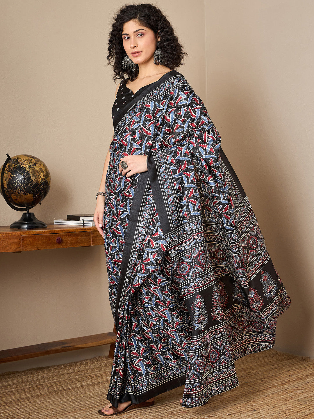 Women's Dola Silk Black Digital Print Ready to Wear With Blouse Piece