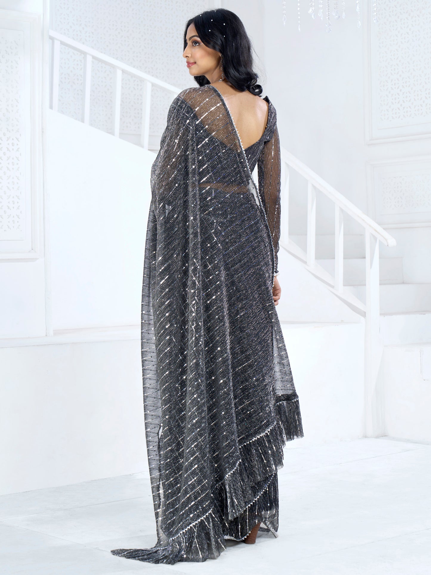 Women's Lycra Black Embellished Ready to Wear With Blouse Piece