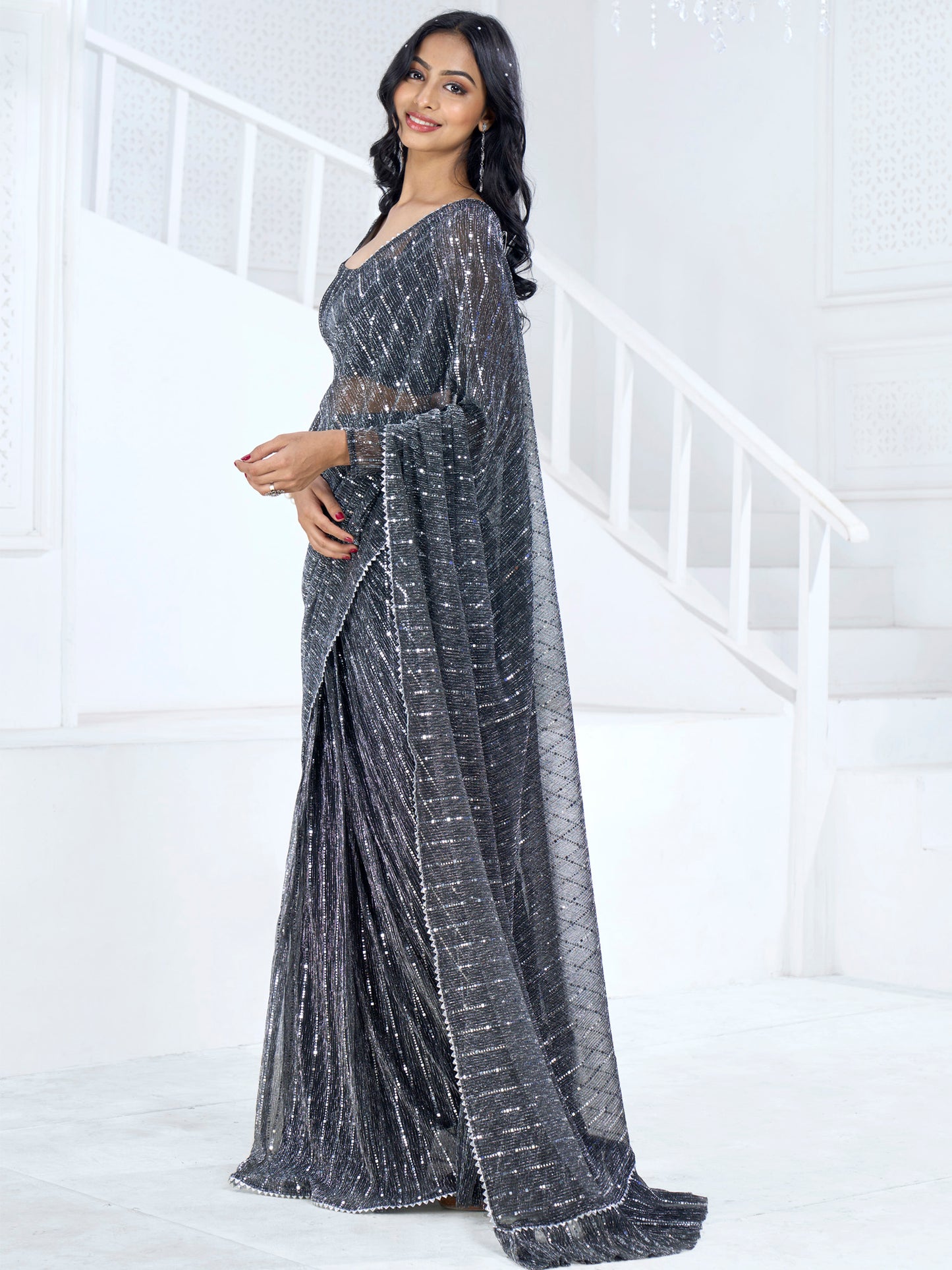Women's Lycra Black Embellished Ready to Wear With Blouse Piece