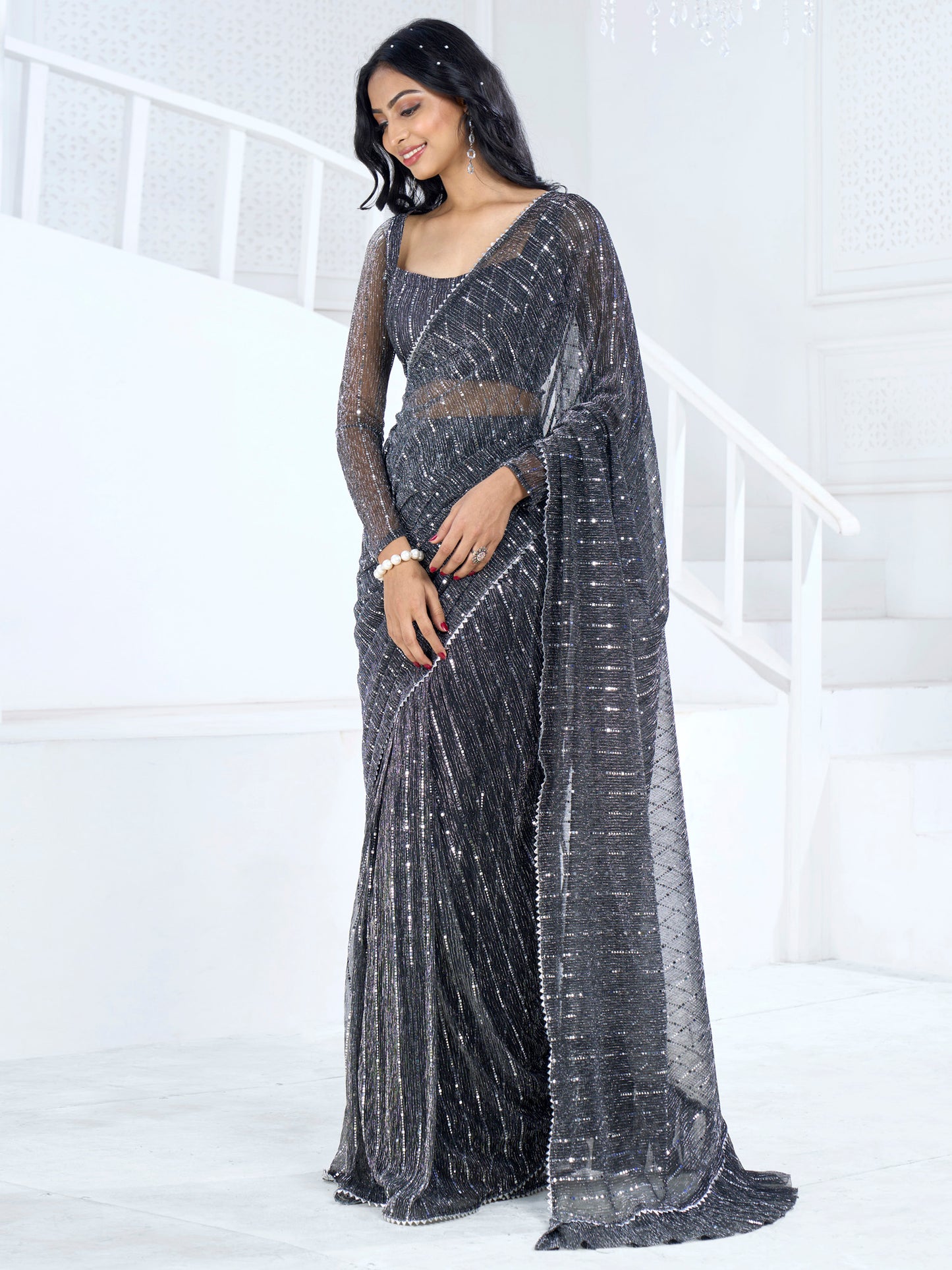 Women's Lycra Black Embellished Ready to Wear With Blouse Piece