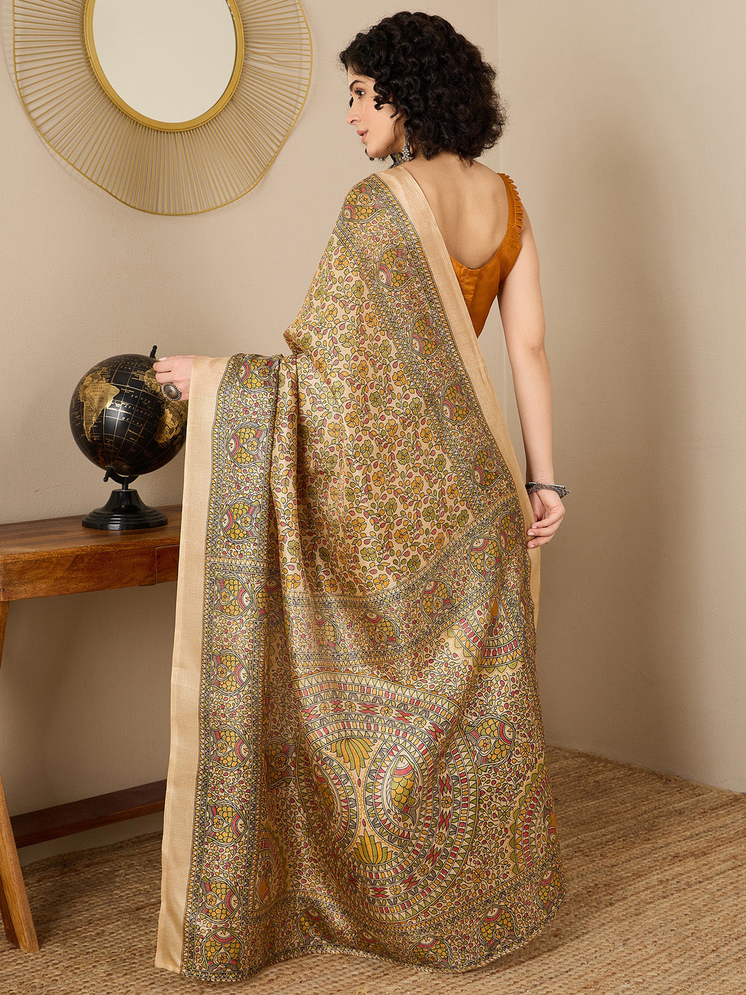 Women's Tussar Silk Mustard Printed Ready to Wear With Blouse Piece