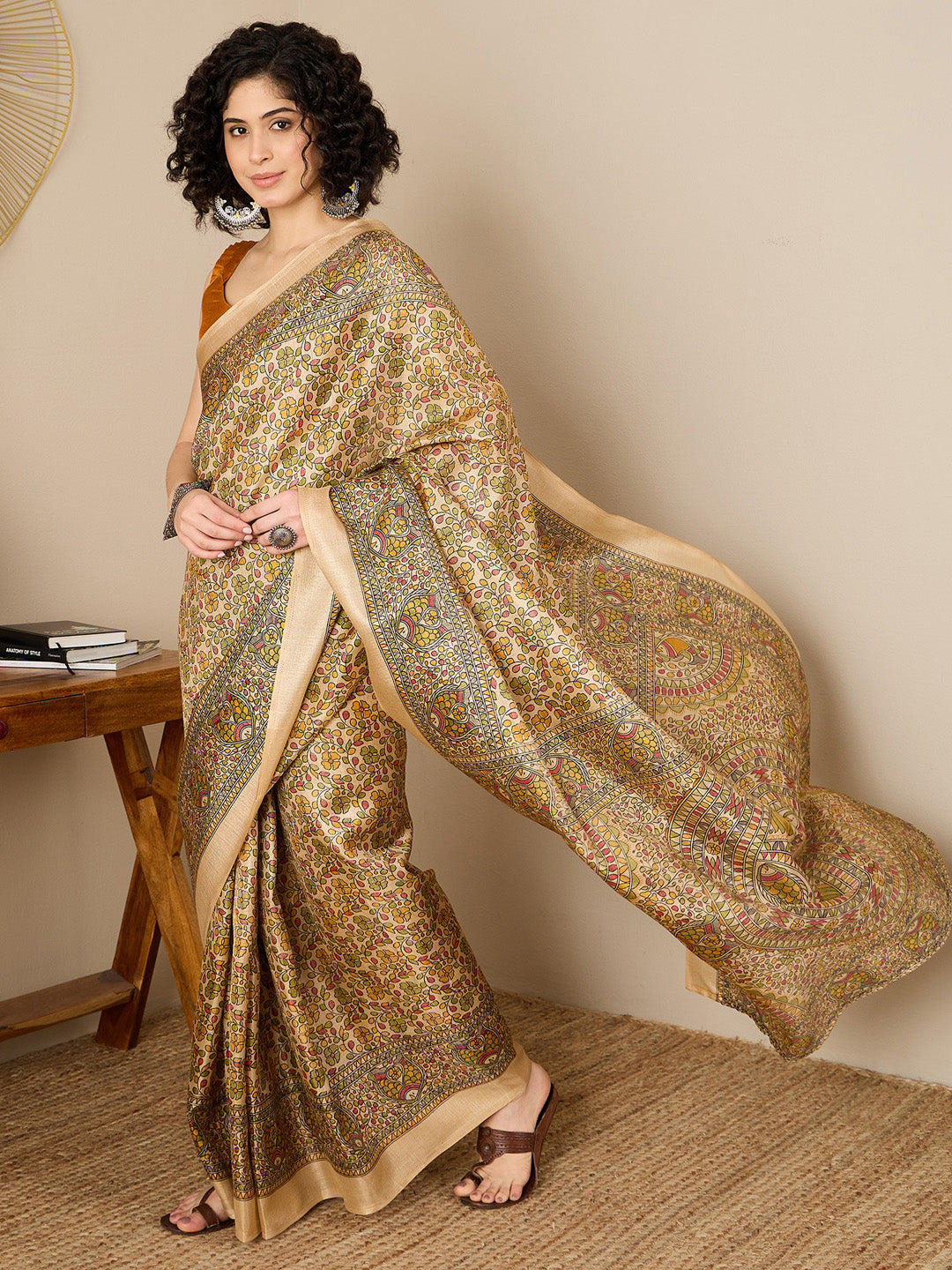 Women's Tussar Silk Mustard Printed Ready to Wear With Blouse Piece