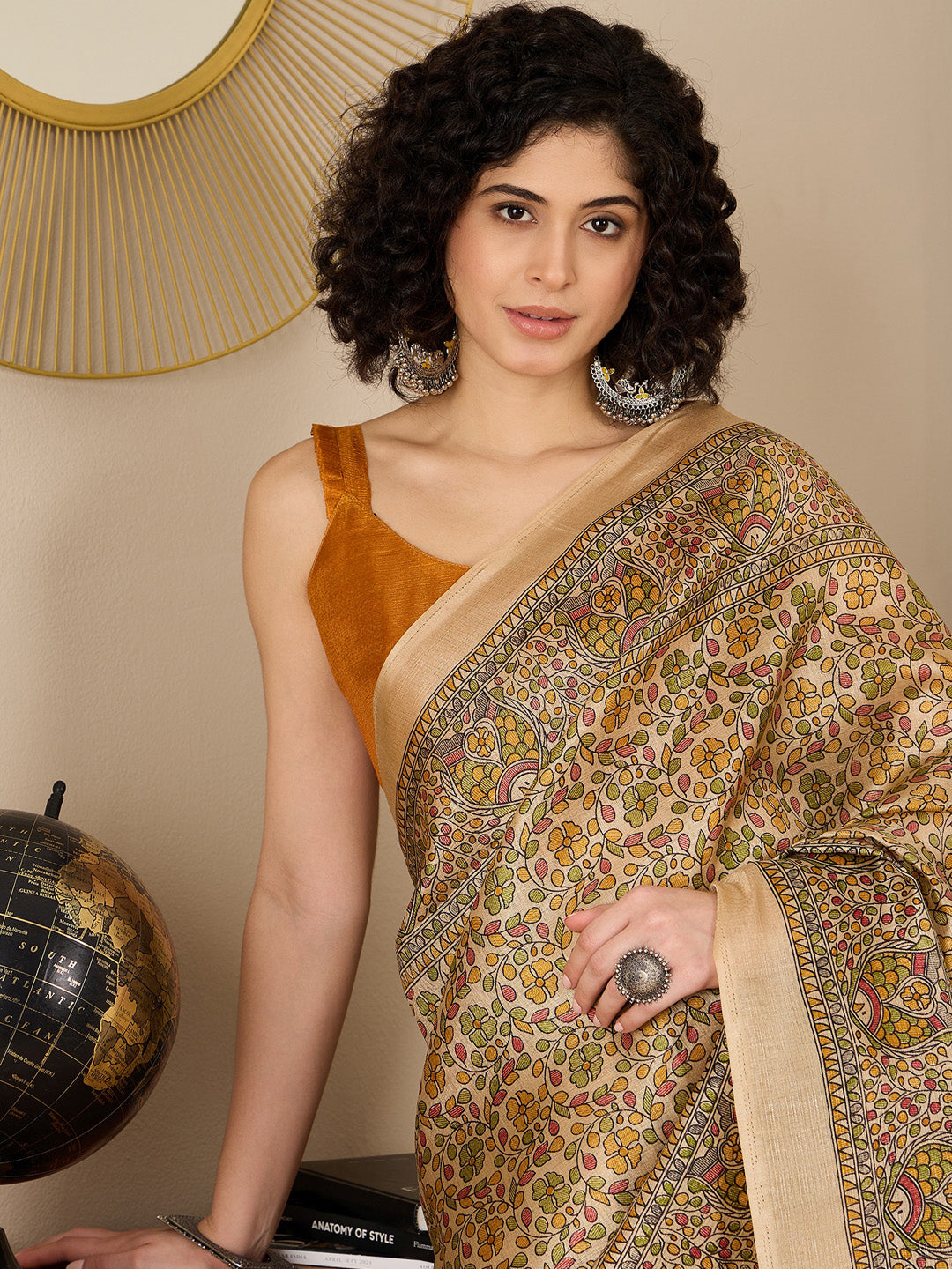 Women's Tussar Silk Mustard Printed Ready to Wear With Blouse Piece