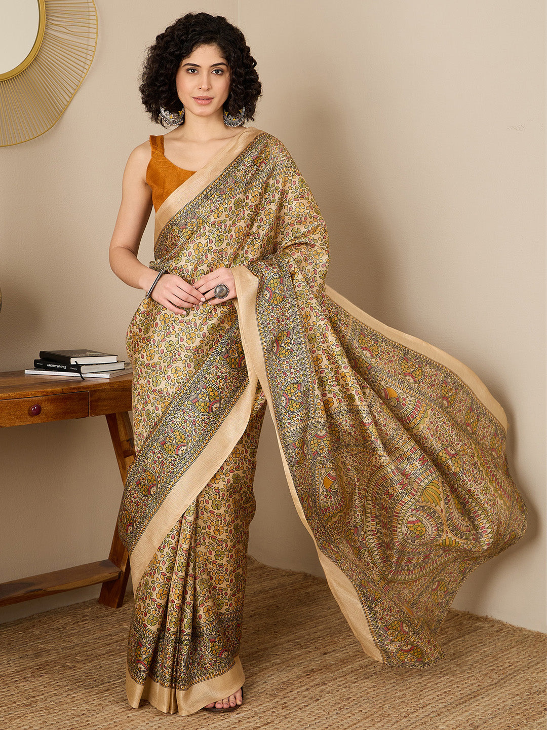 Women's Tussar Silk Mustard Printed Ready to Wear With Blouse Piece