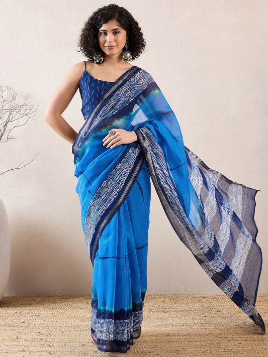 Women's Cotton Blend Navy Blue Printed Celebrity Saree With Blouse Piece