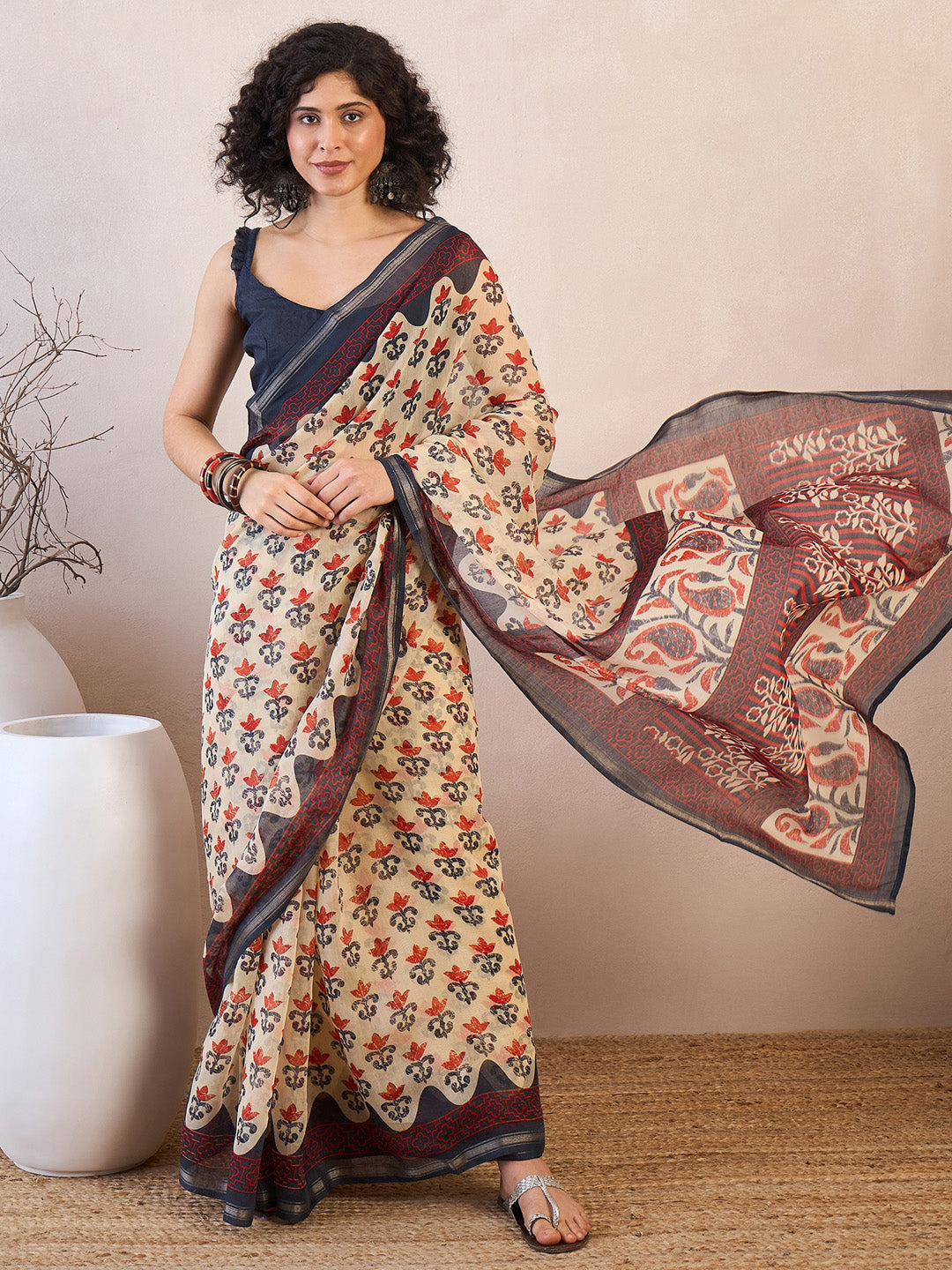 Women's Cotton Blend Beige Printed Ready to Wear With Blouse Piece