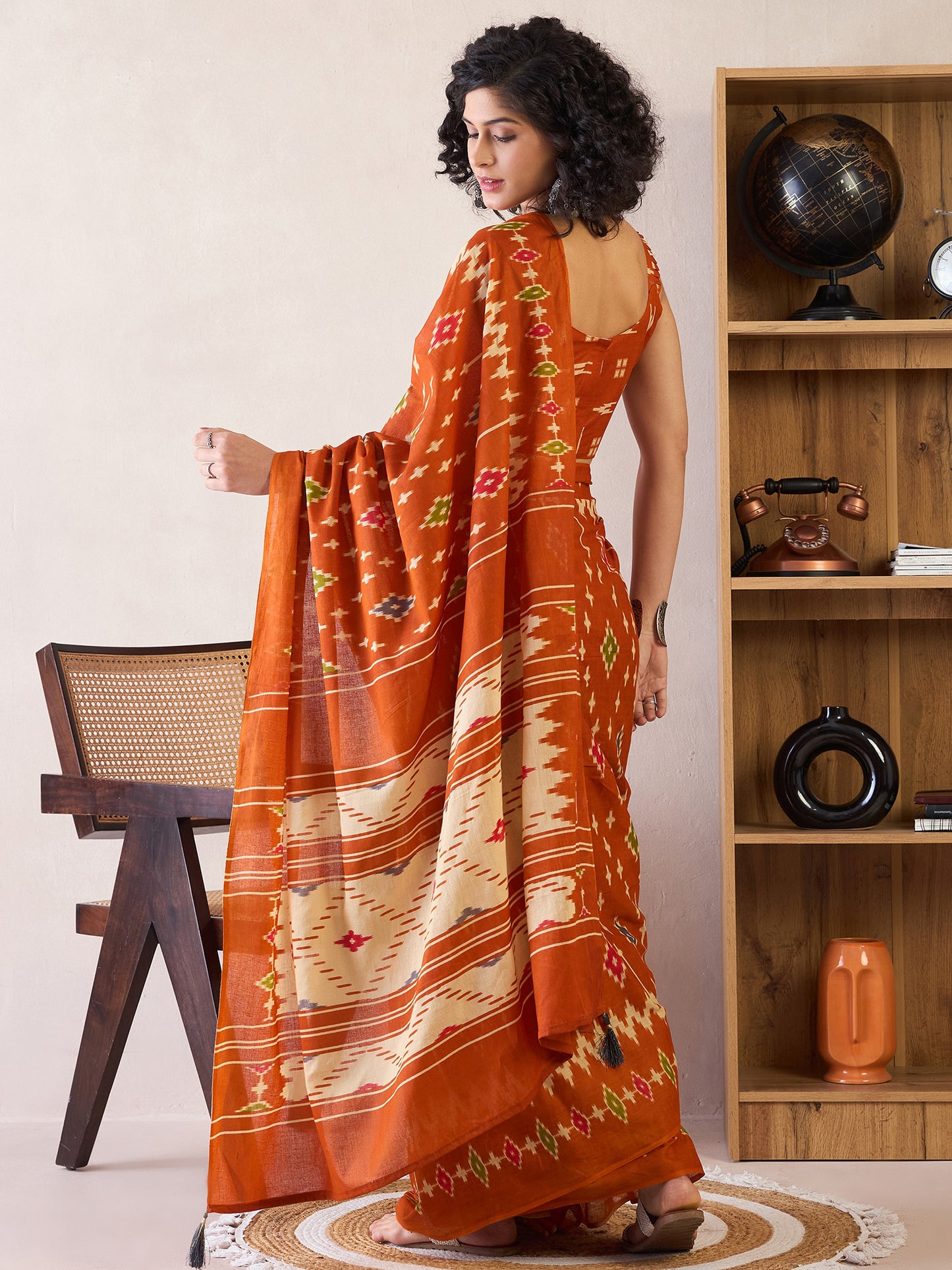 Women's Cotton Orange Printed Ready to Wear With Blouse Piece
