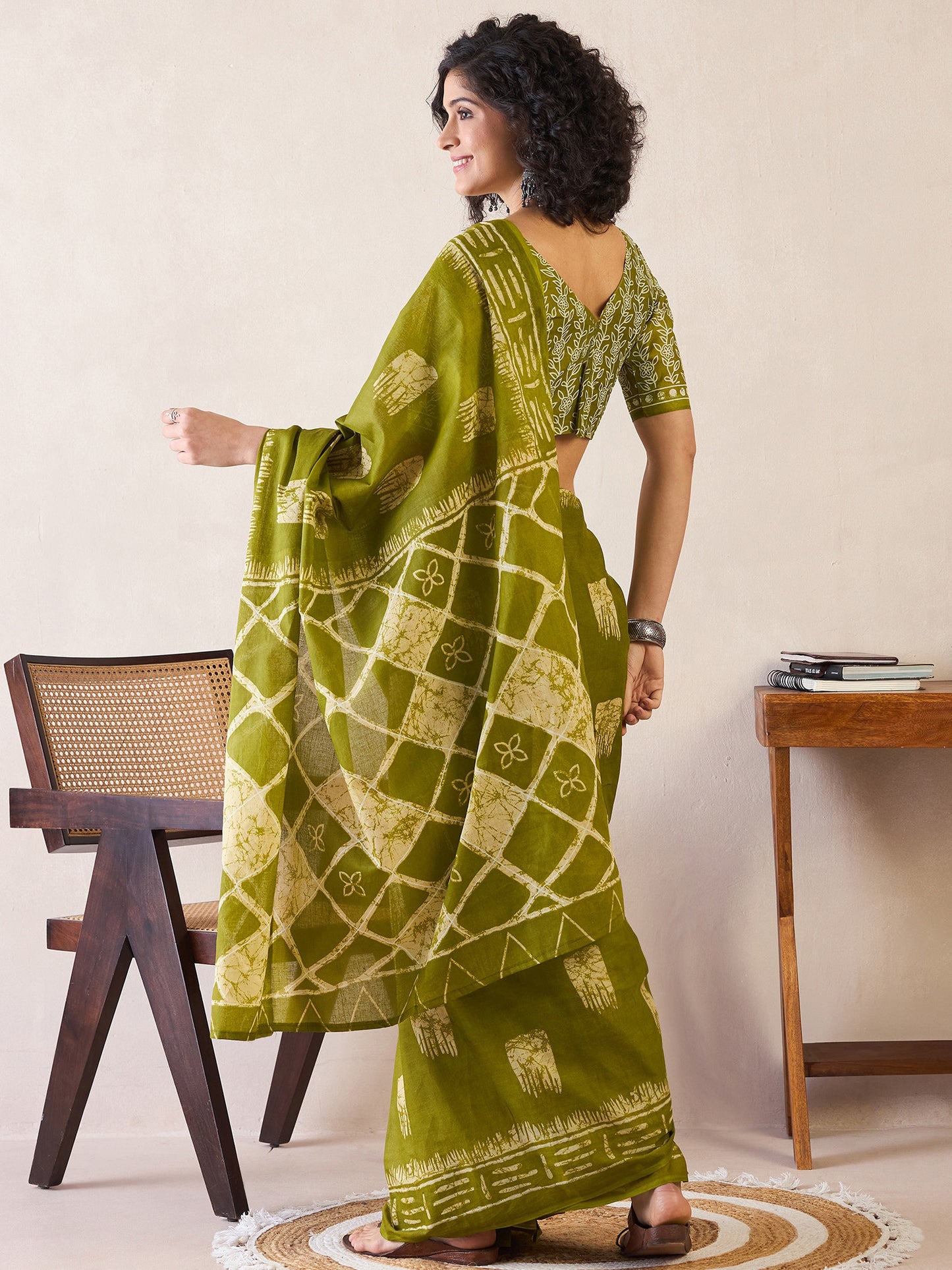 Women's Cotton Olive Printed Ready to Wear With Blouse Piece