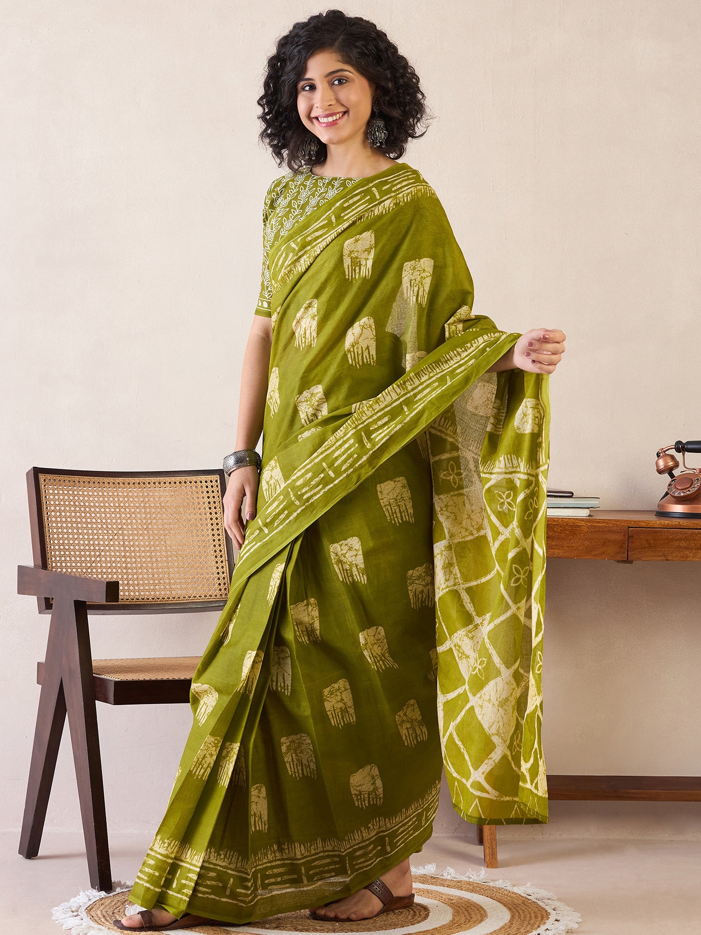 Women's Cotton Olive Printed Ready to Wear With Blouse Piece