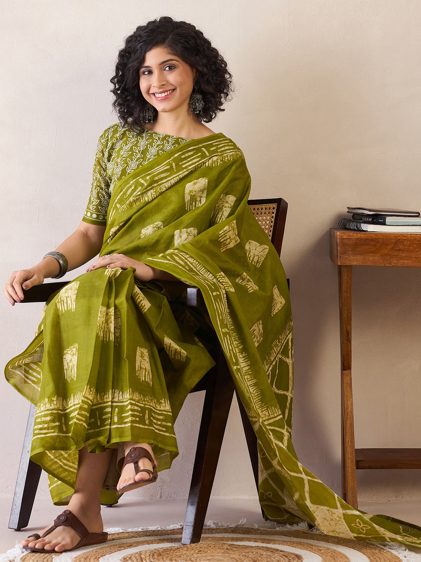 Women's Cotton Olive Printed Ready to Wear With Blouse Piece