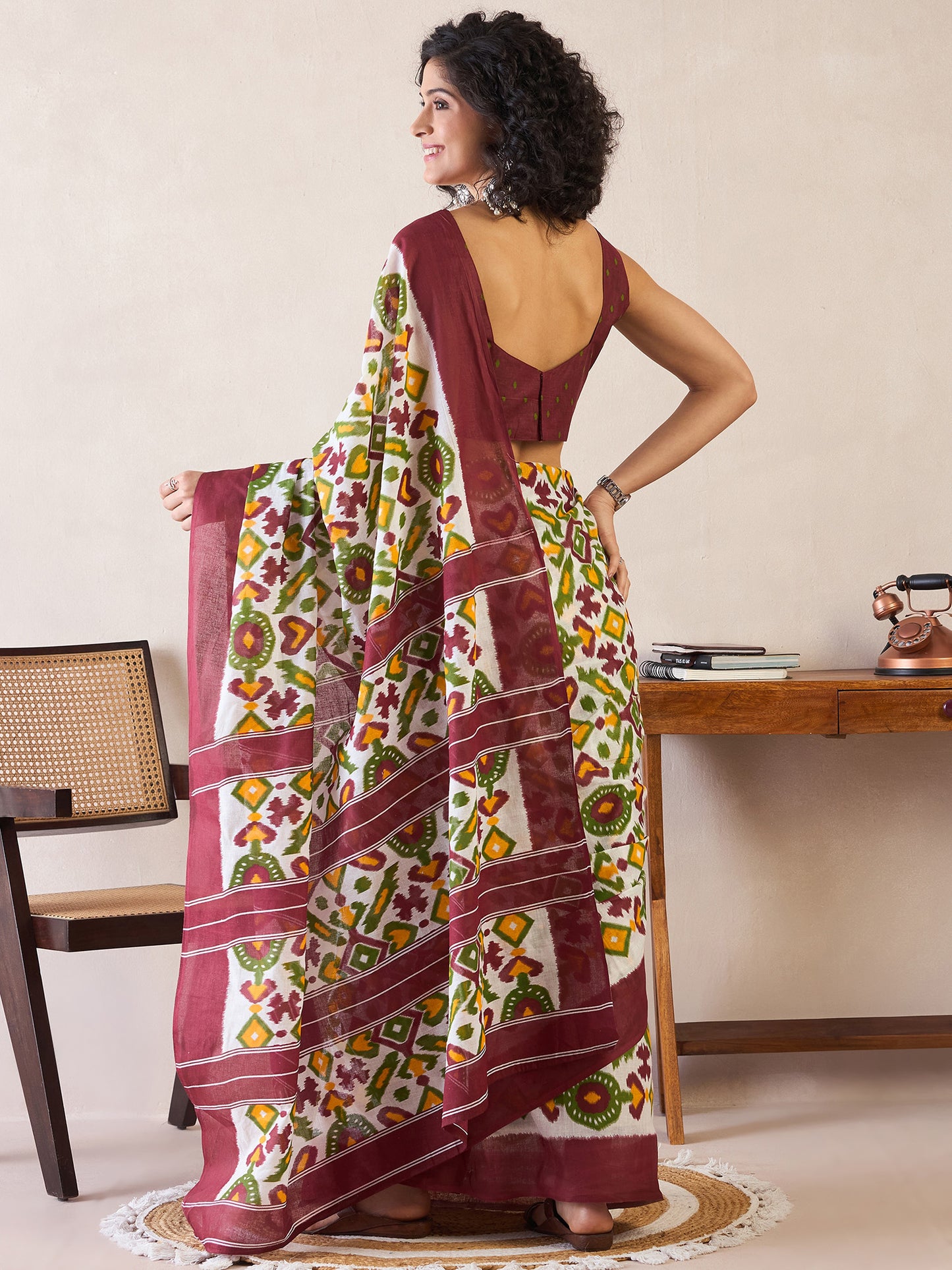 Women's Cotton White Printed Ready to Wear With Blouse Piece