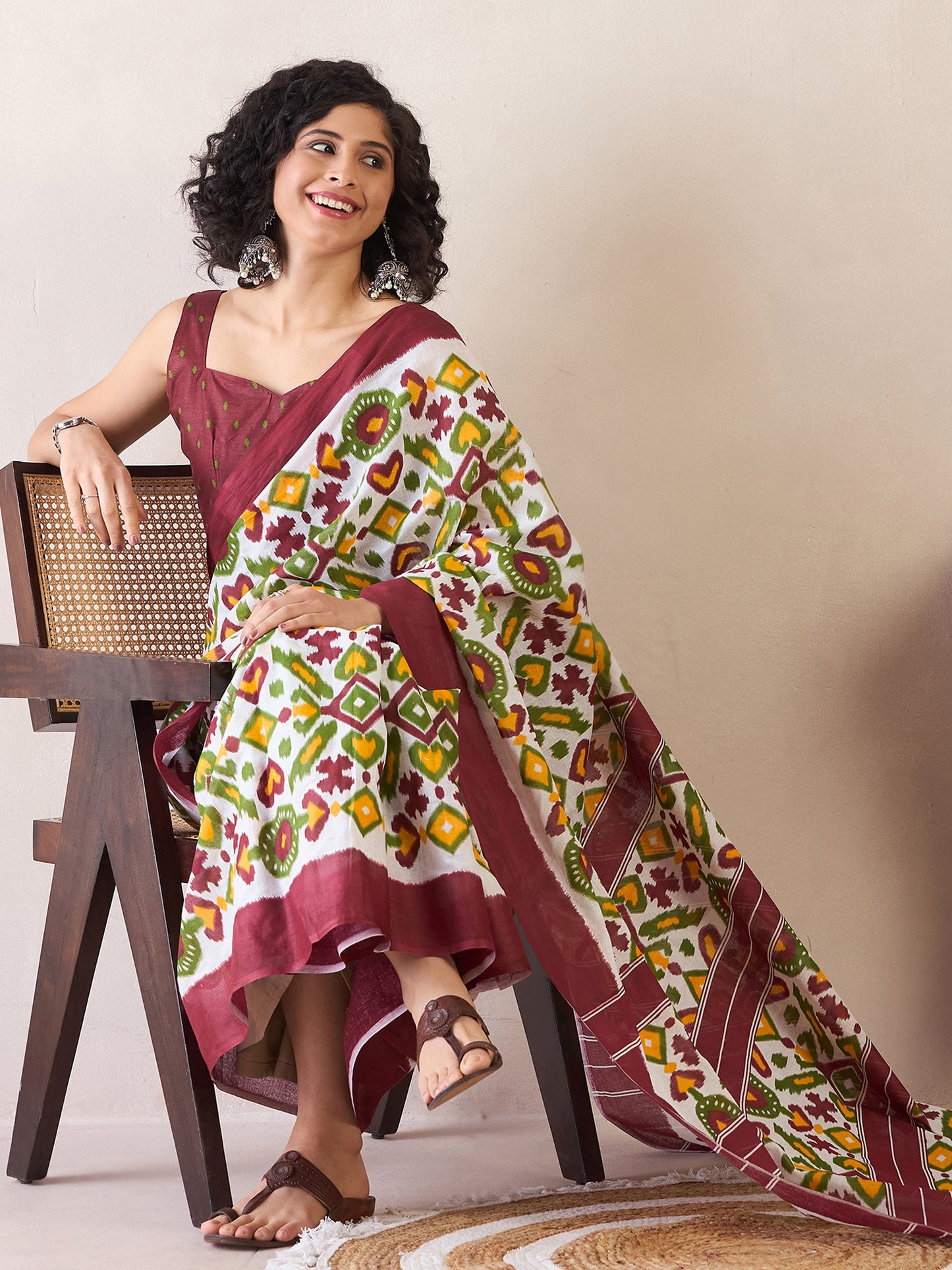 Women's Cotton White Printed Ready to Wear With Blouse Piece