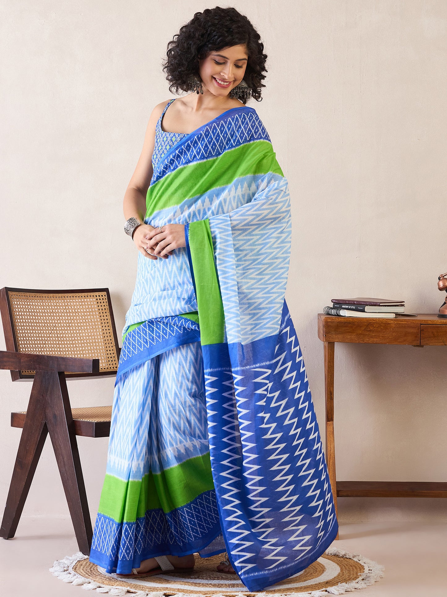 Women's Cotton Light Blue Printed Ready to Wear With Blouse Piece
