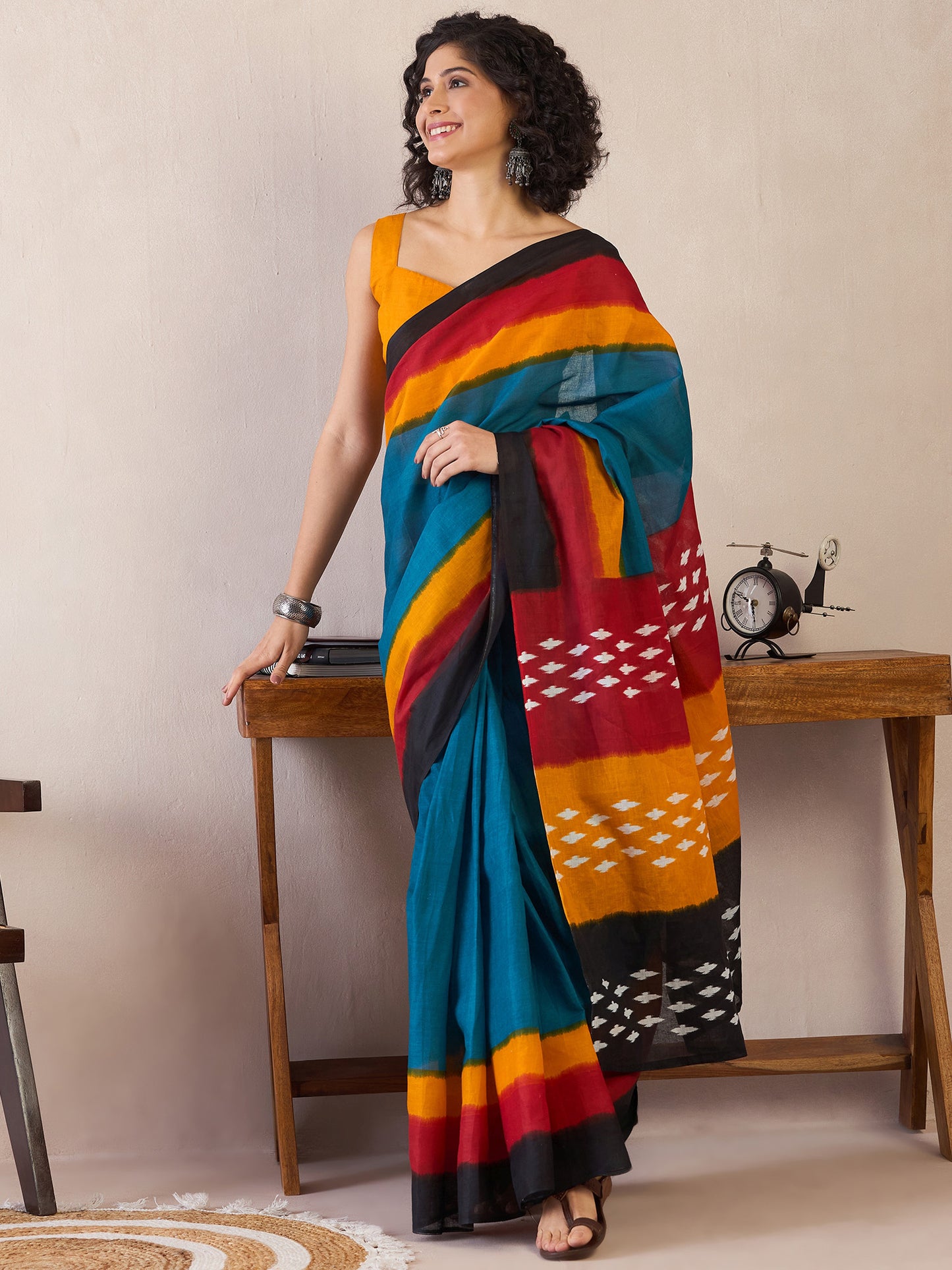 Women's Cotton Teal blue Printed Ready to Wear With Blouse Piece