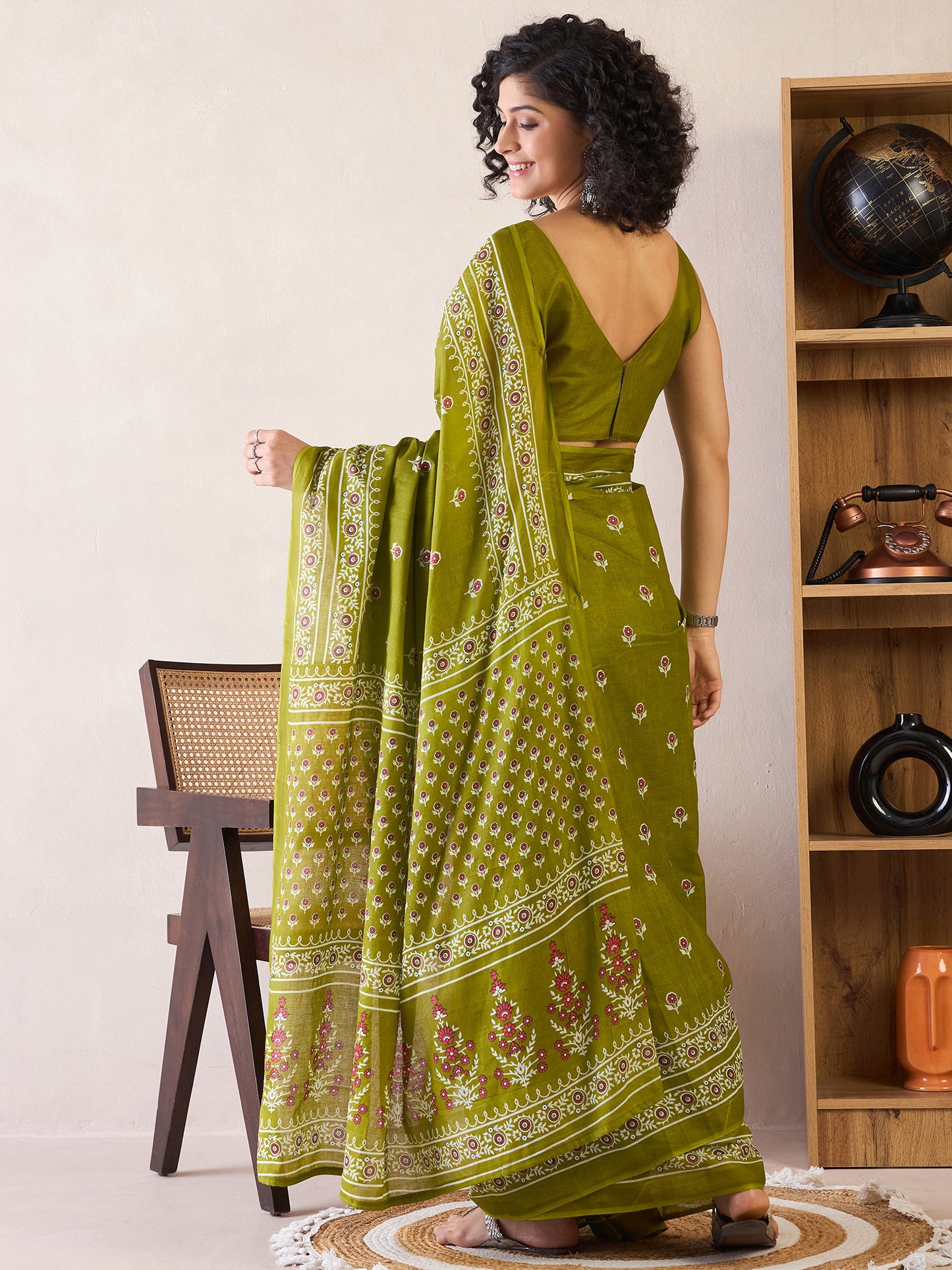 Women's Cotton Olive Printed Ready to Wear With Blouse Piece