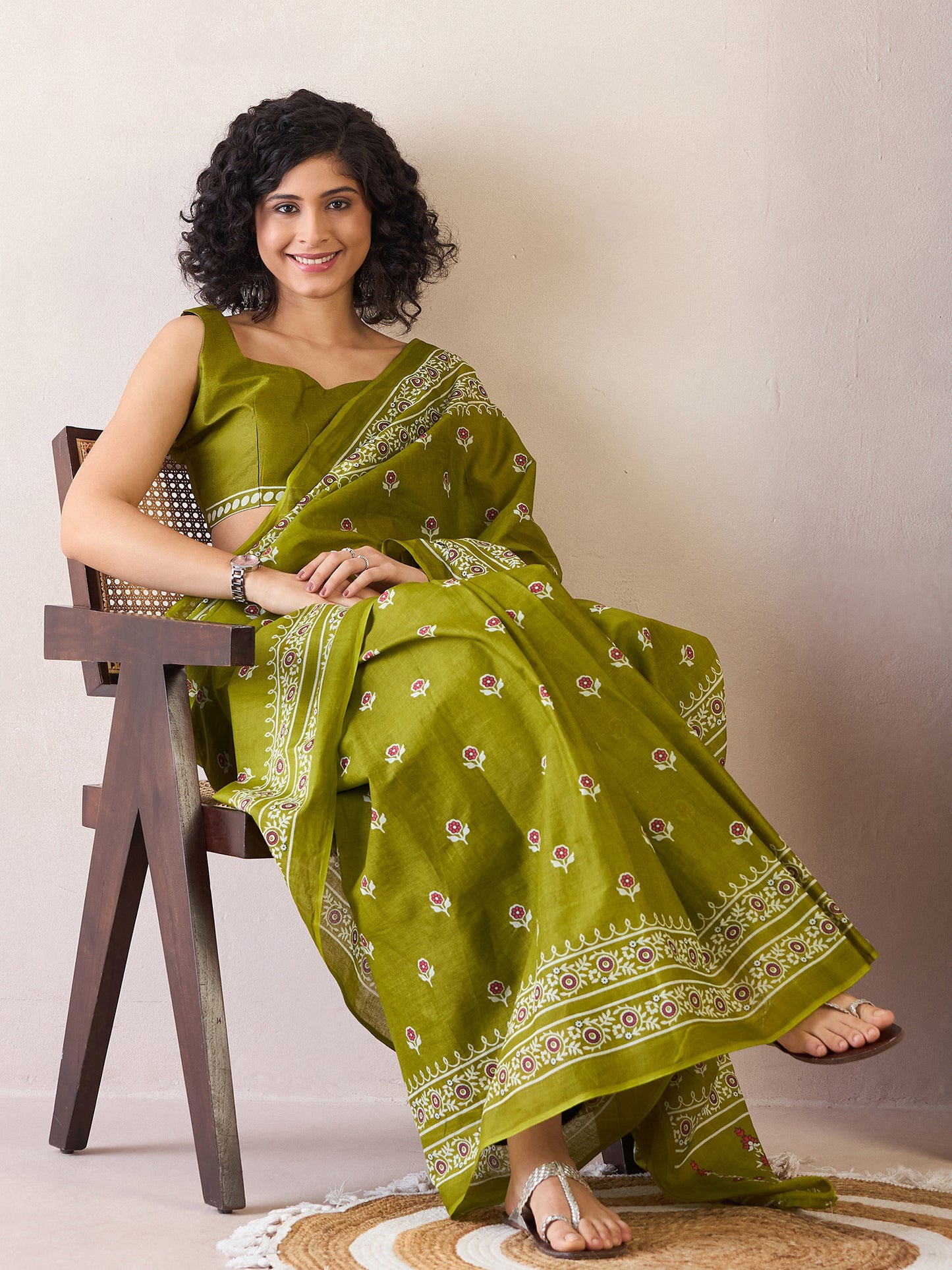 Women's Cotton Olive Printed Ready to Wear With Blouse Piece