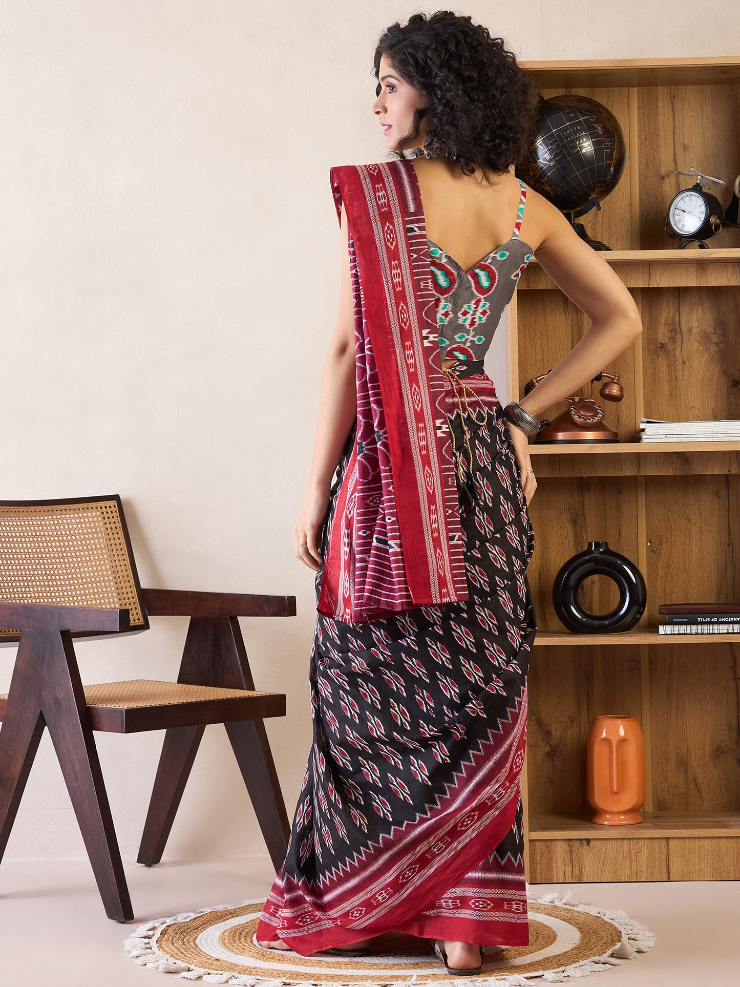 Women's Cotton Black Printed Ready to Wear With Blouse Piece