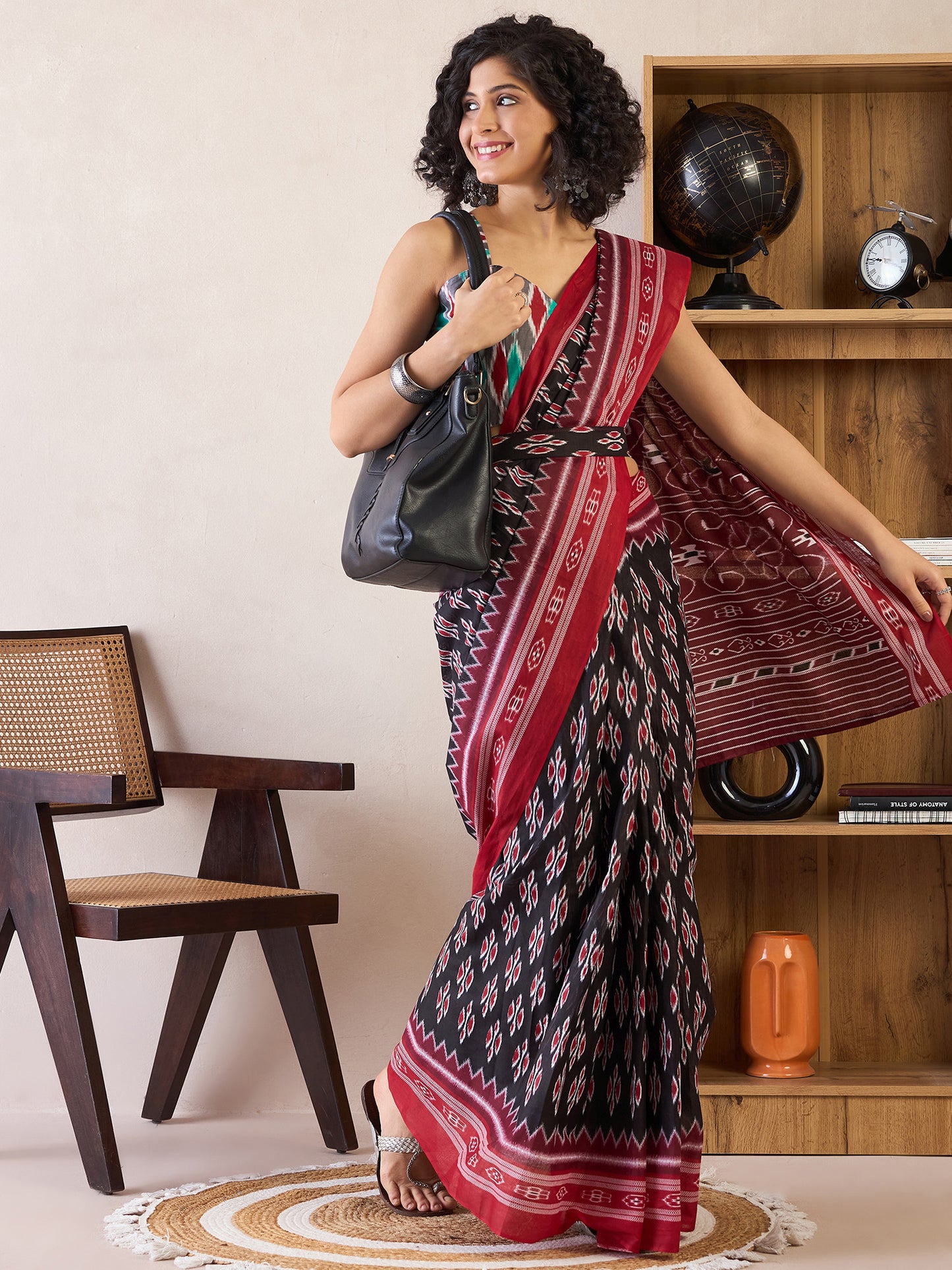 Women's Cotton Black Printed Ready to Wear With Blouse Piece