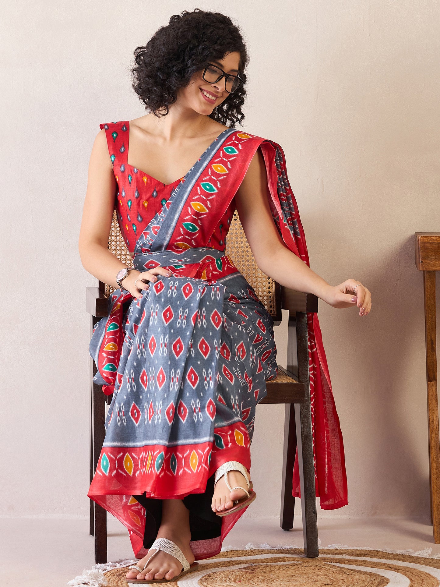 Women's Cotton Grey Printed Ready to Wear With Blouse Piece