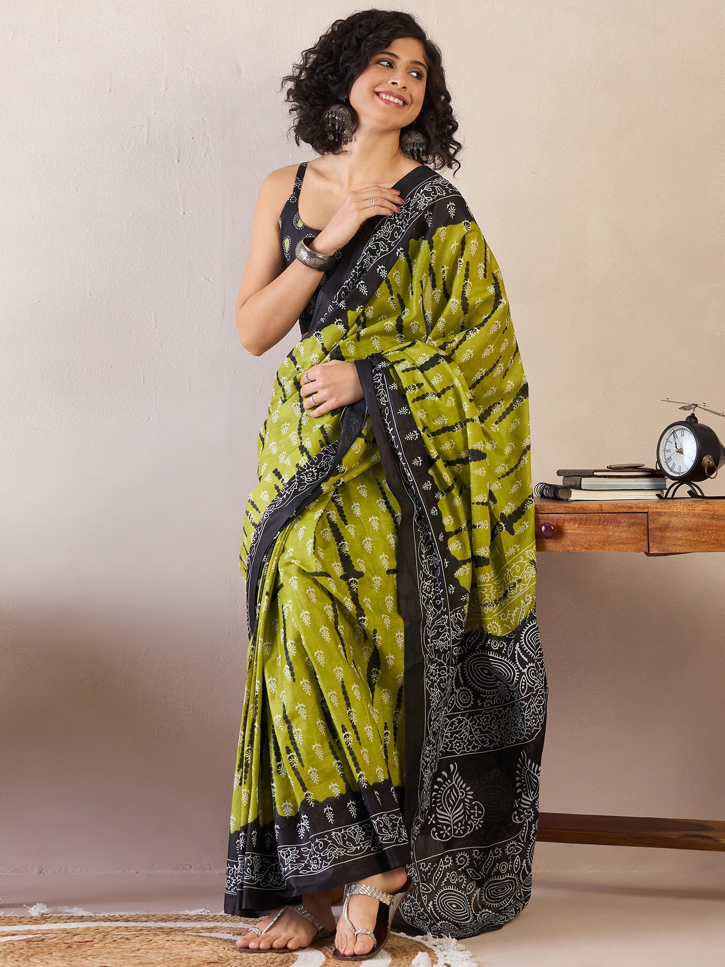 Women's Cotton Olive Printed Ready to Wear With Blouse Piece