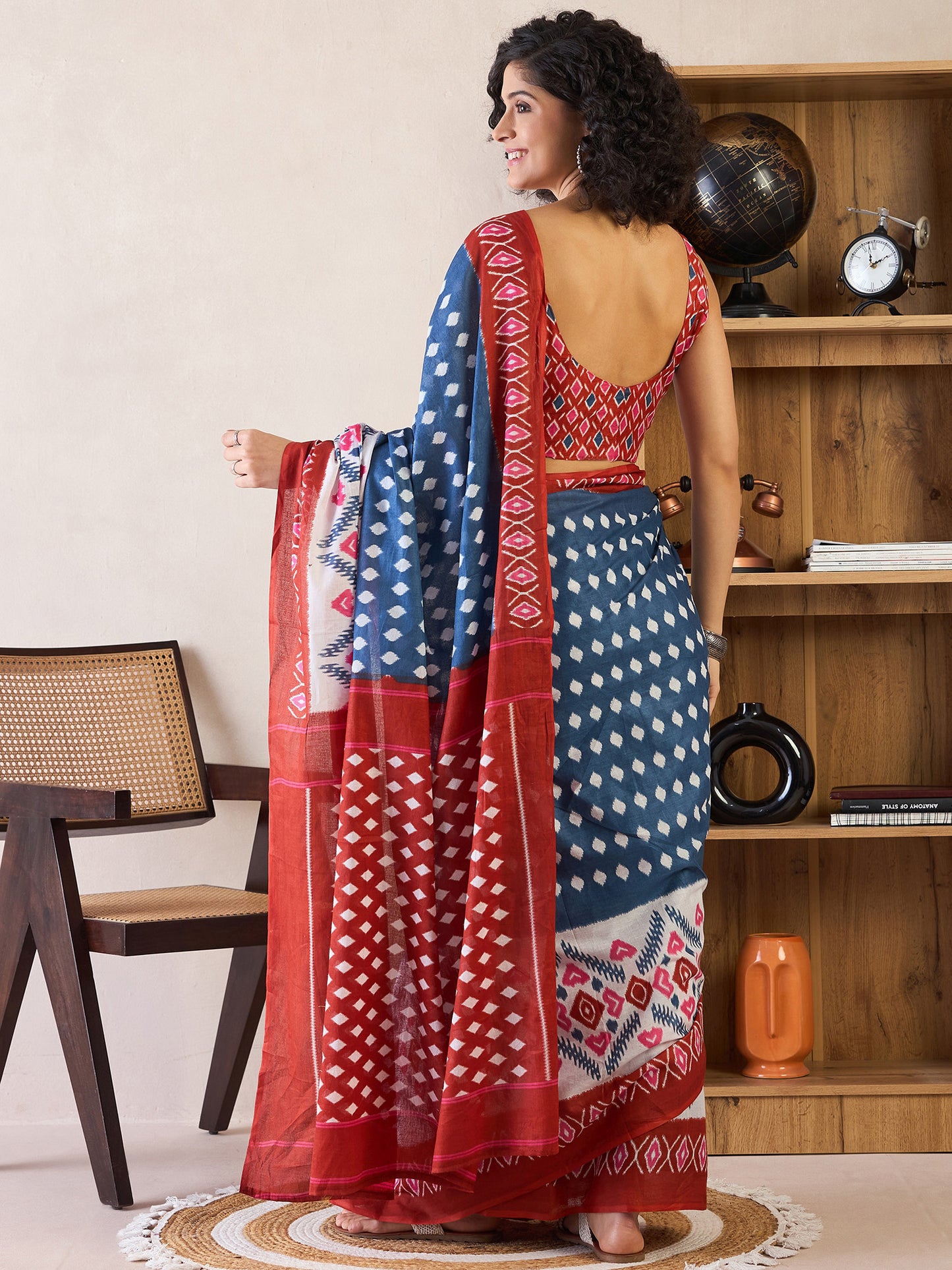 Women's Cotton Navy Blue Printed Ready to Wear With Blouse Piece