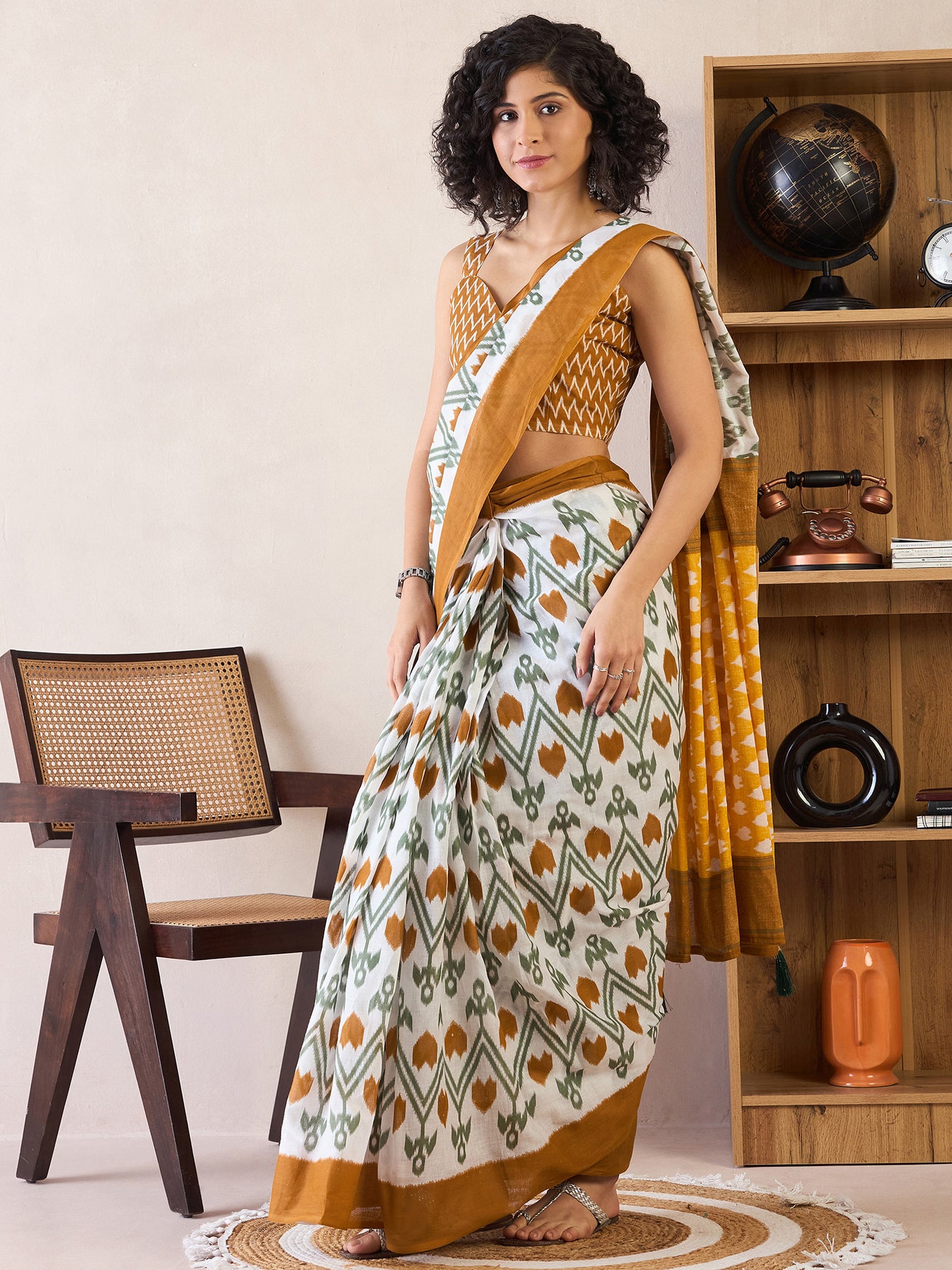 Women's Cotton White Printed Ready to Wear With Blouse Piece