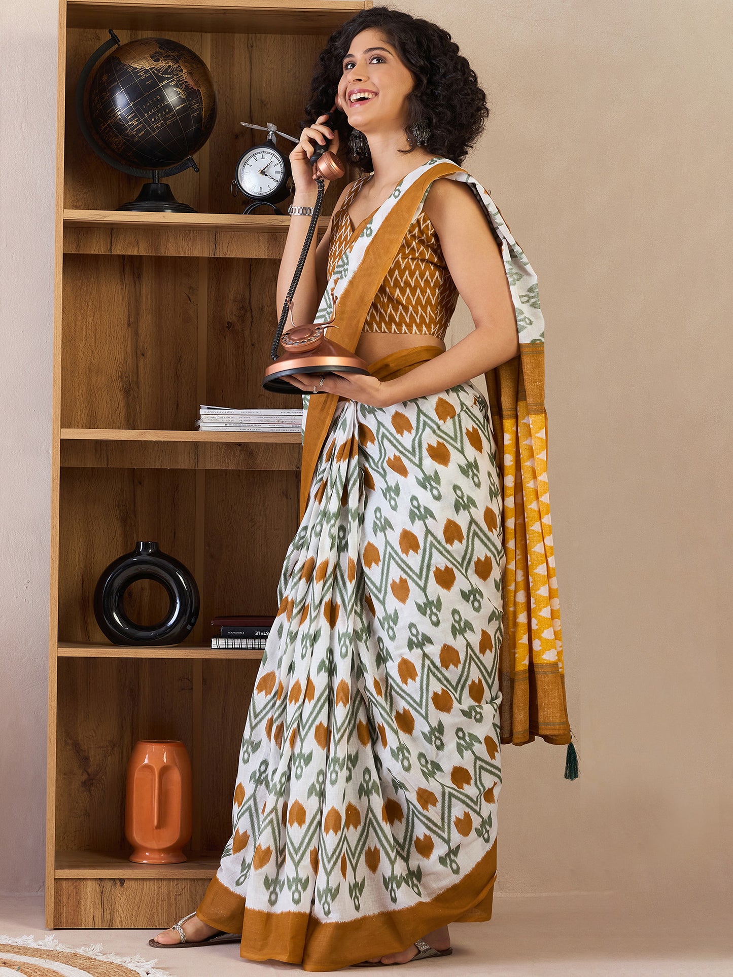 Women's Cotton White Printed Ready to Wear With Blouse Piece
