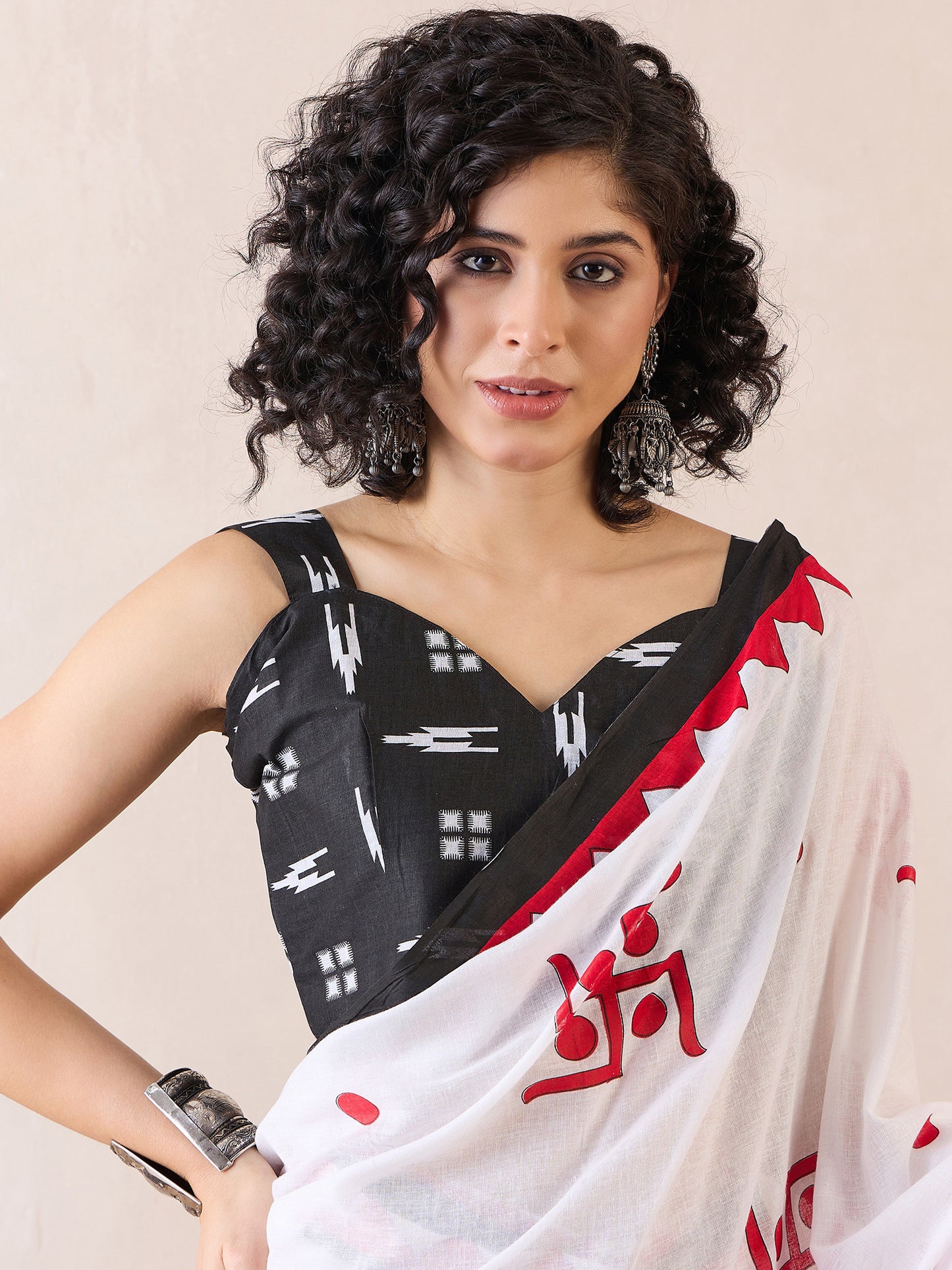 Women's Cotton White Printed Ready to Wear With Blouse Piece