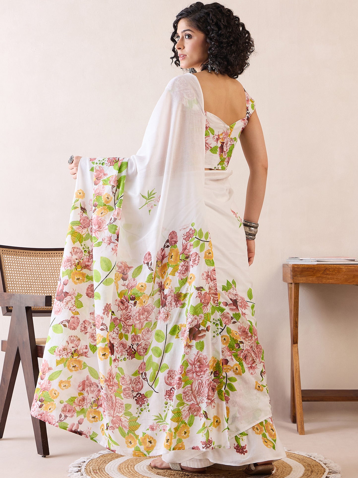 Women's Cotton White Printed Ready to Wear With Blouse Piece