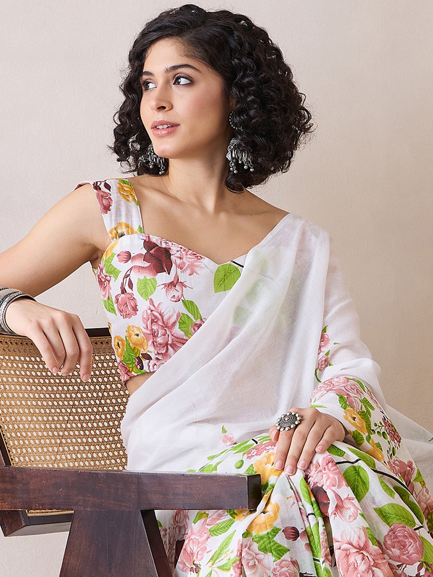 Women's Cotton White Printed Ready to Wear With Blouse Piece