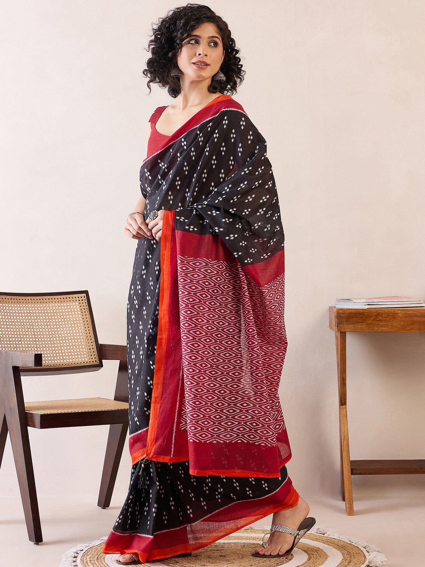 Women's Cotton Black Printed Ready to Wear With Blouse Piece
