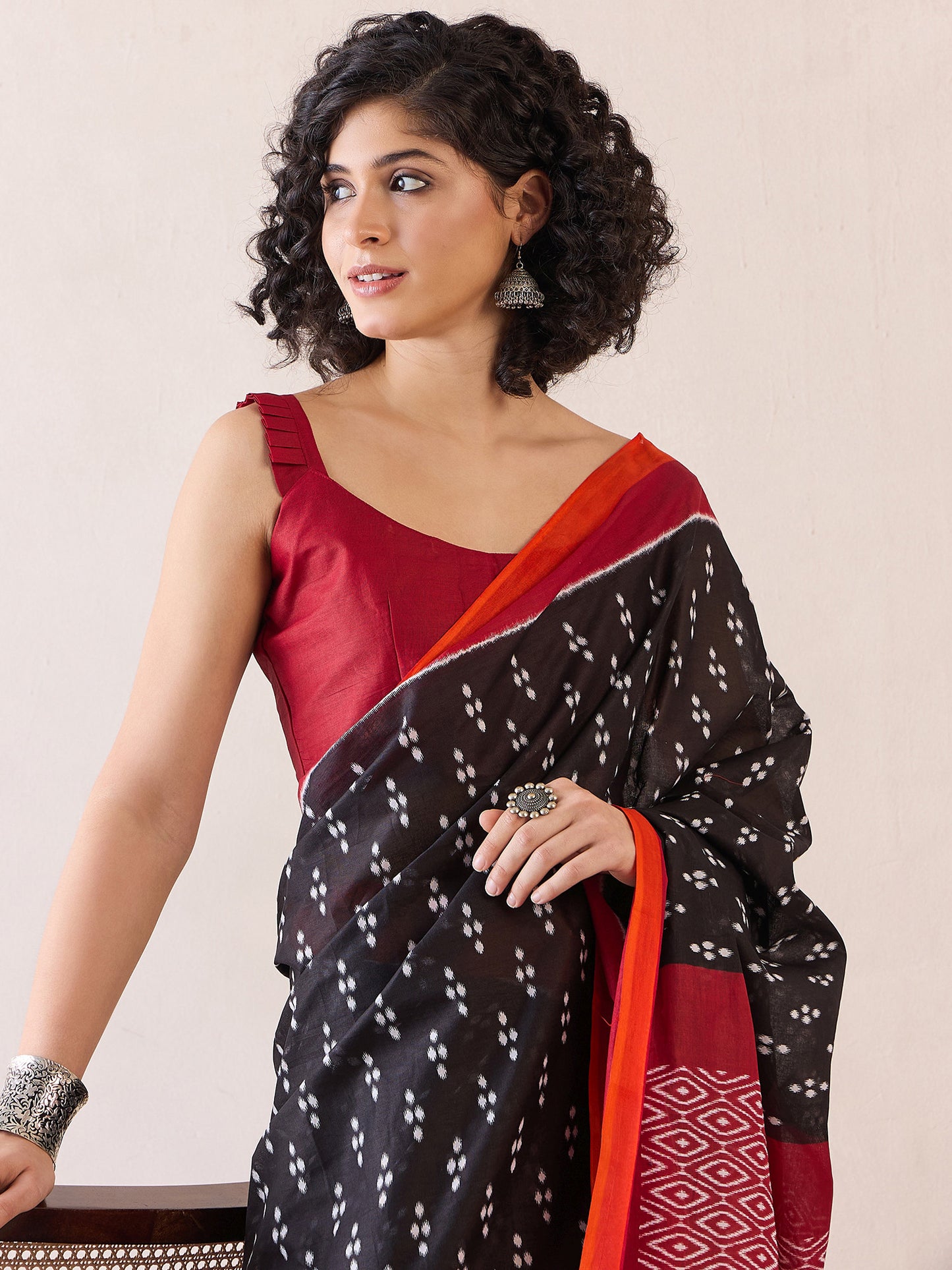 Women's Cotton Black Printed Ready to Wear With Blouse Piece