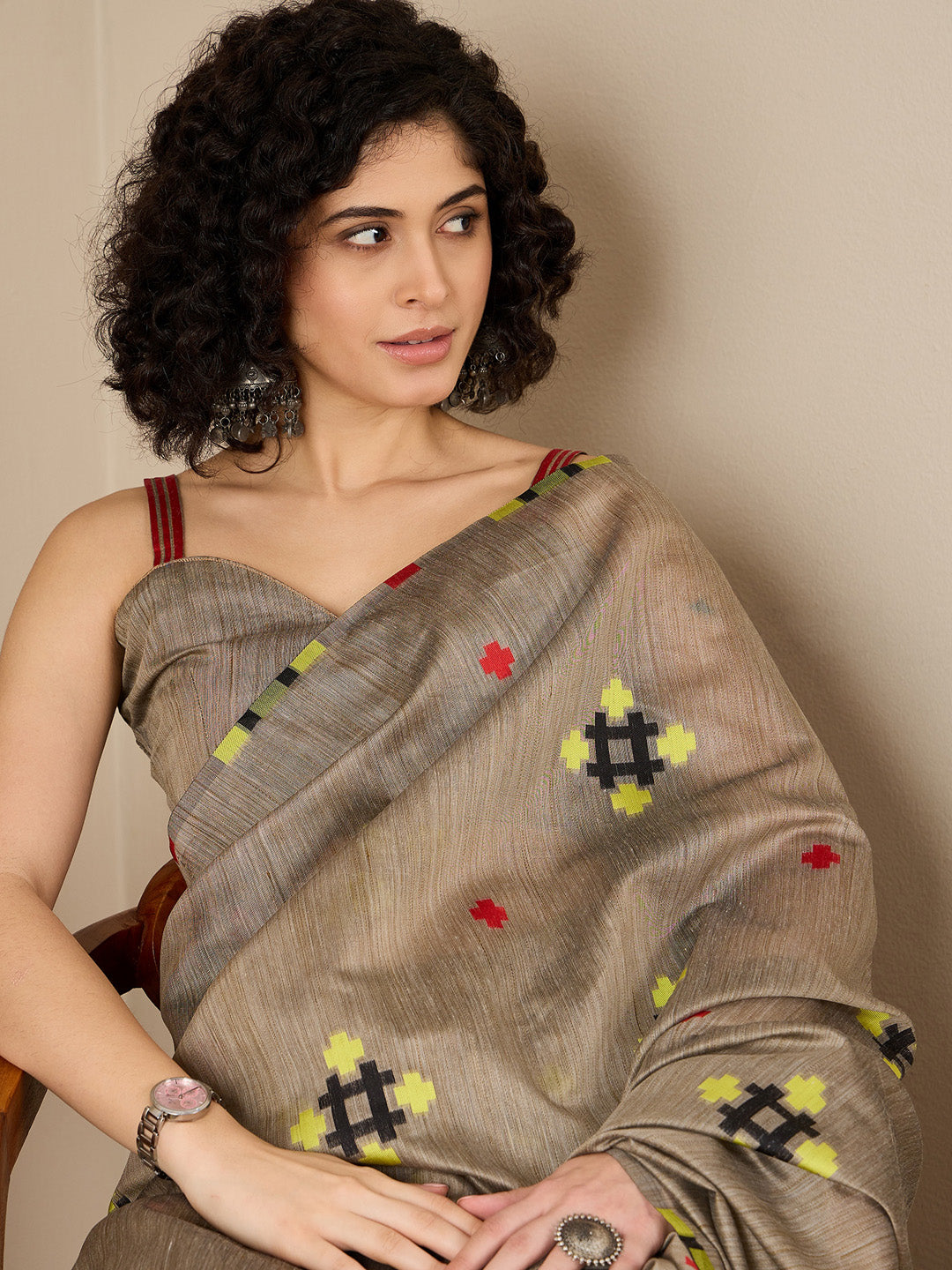 Women's Cotton Silk Brown Woven Design Ready to Wear With Blouse Piece