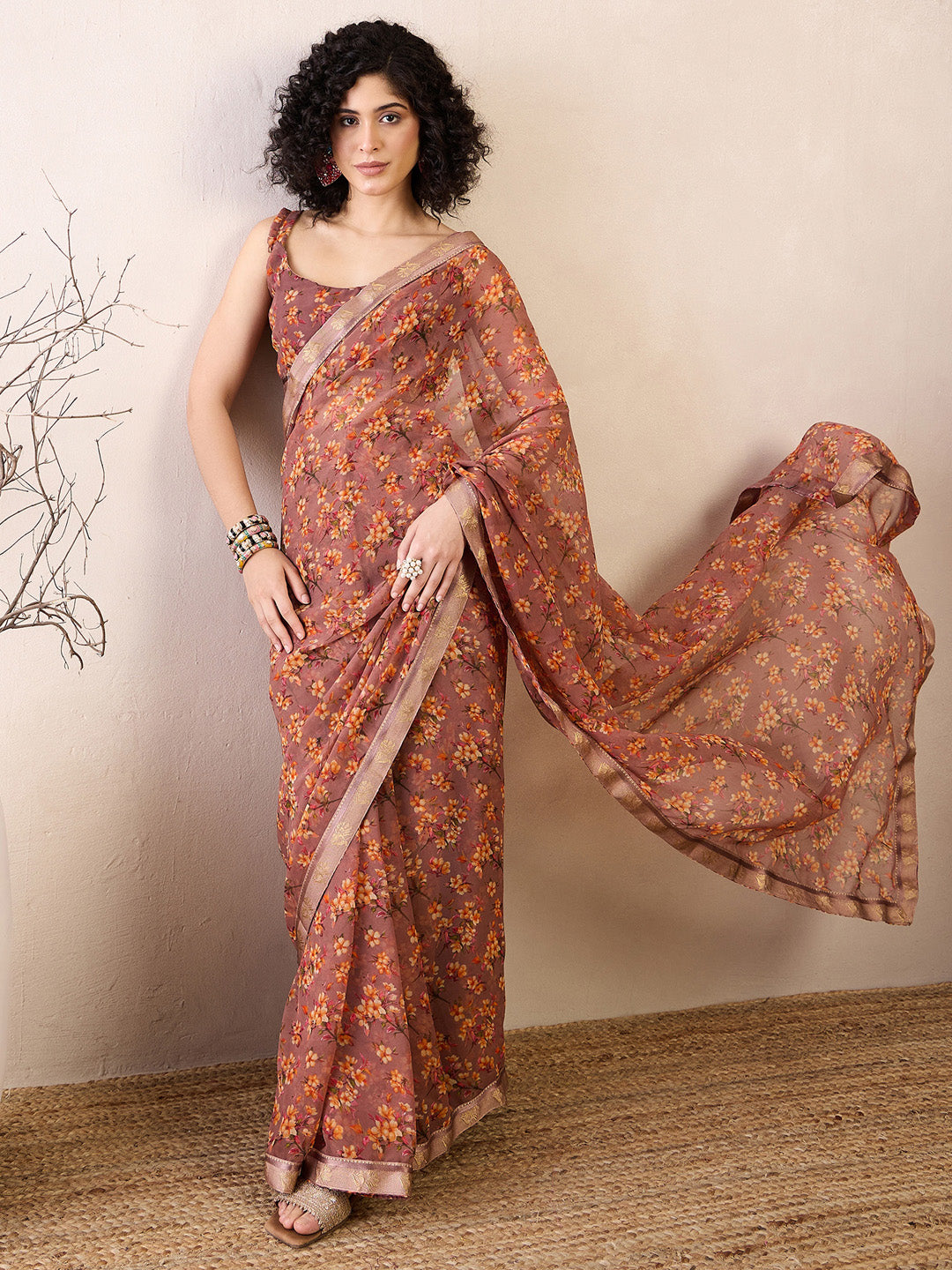 Women's Georgette Brown Printed Ready to Wear With Blouse Piece