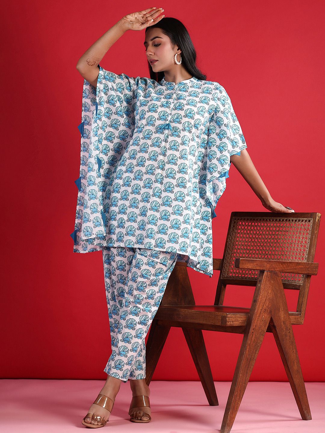 Dhiyona IE Printed Pure Cotton Mandarin Collar Neck Top & Flared Trouser Co-Ords