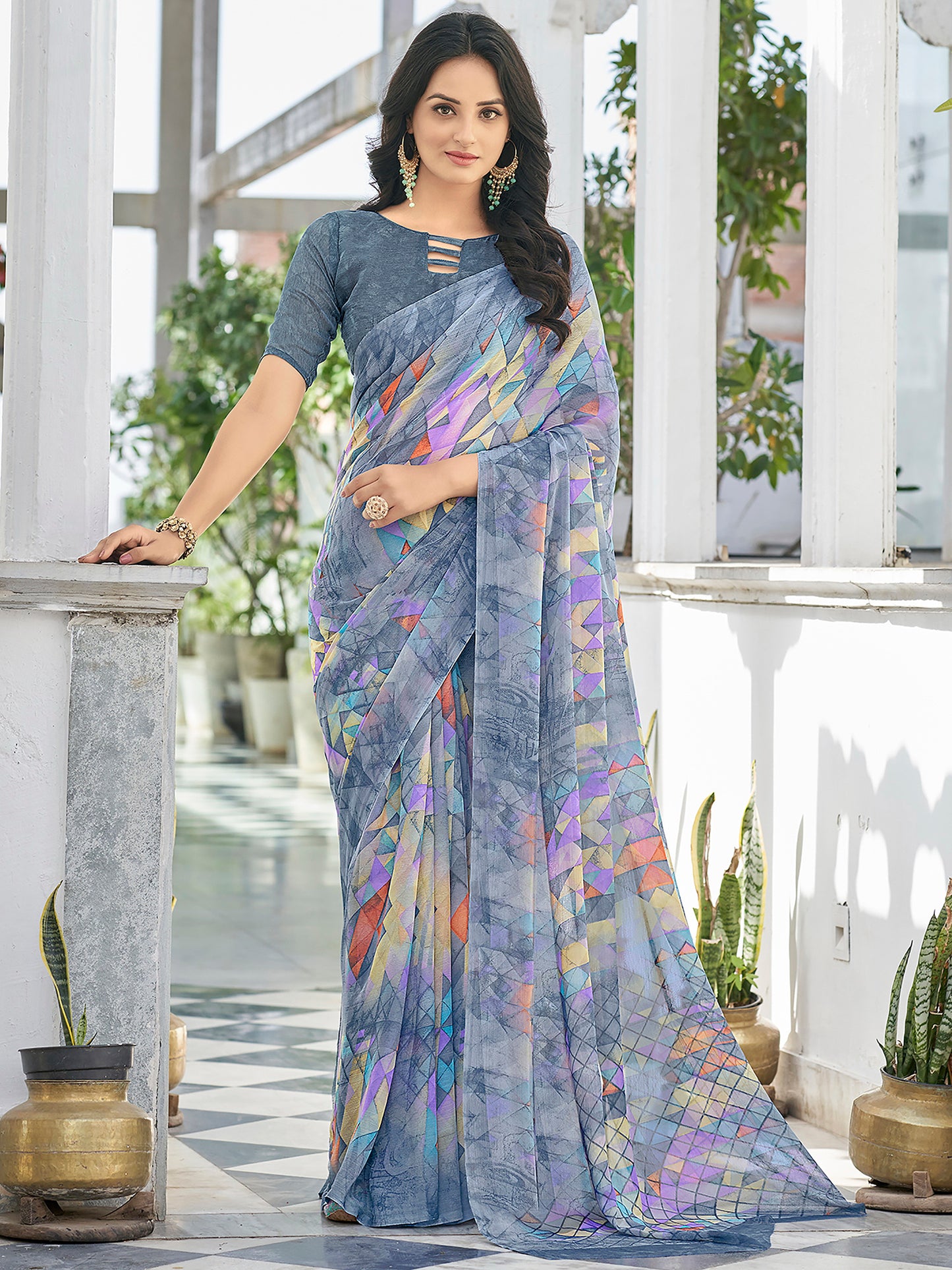 Women's Chiffon Grey Printed Designer Saree With Blouse Piece
