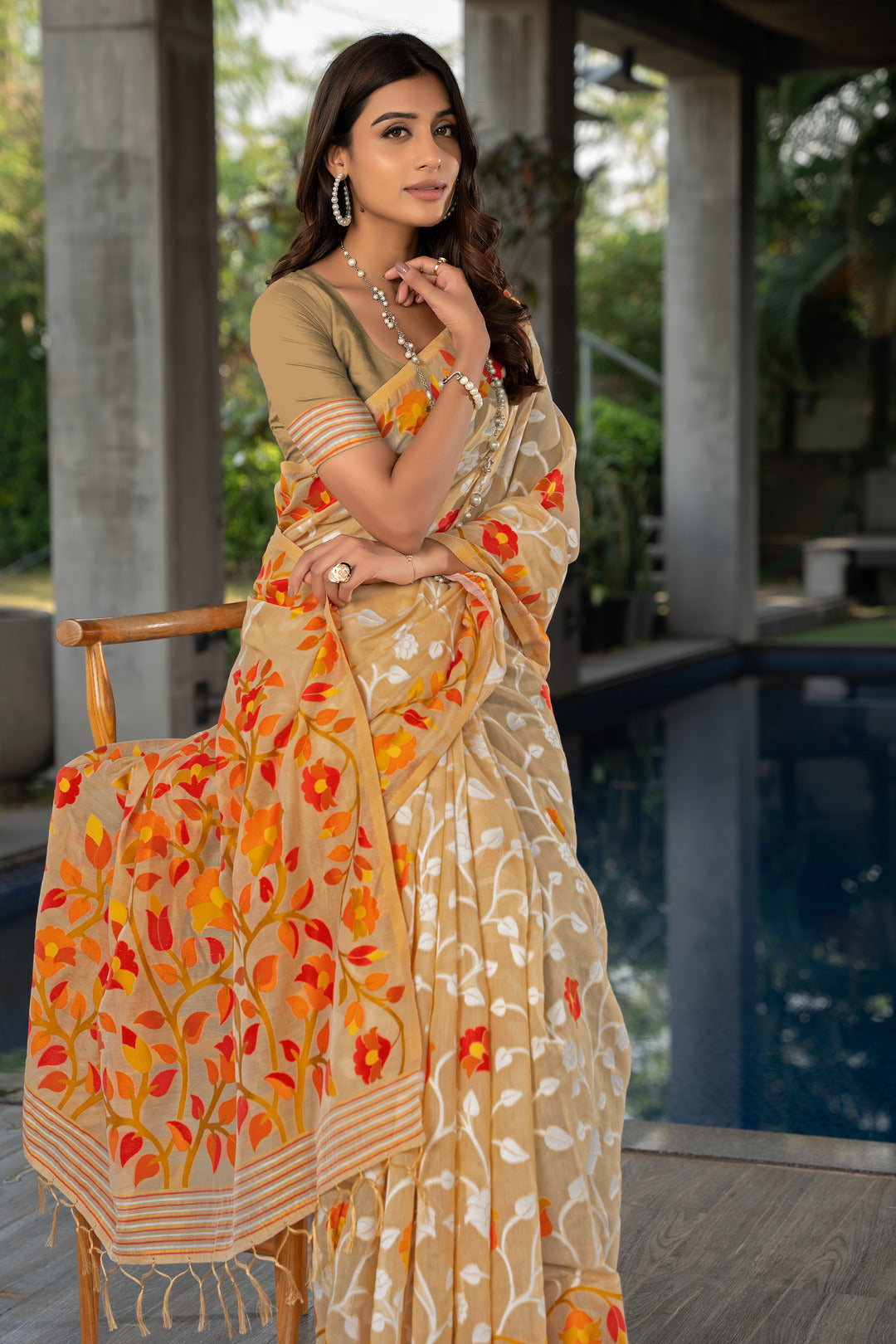 Dhiyona GR Women's Ruhani Cookie Beige Cotton Jamdani Saree