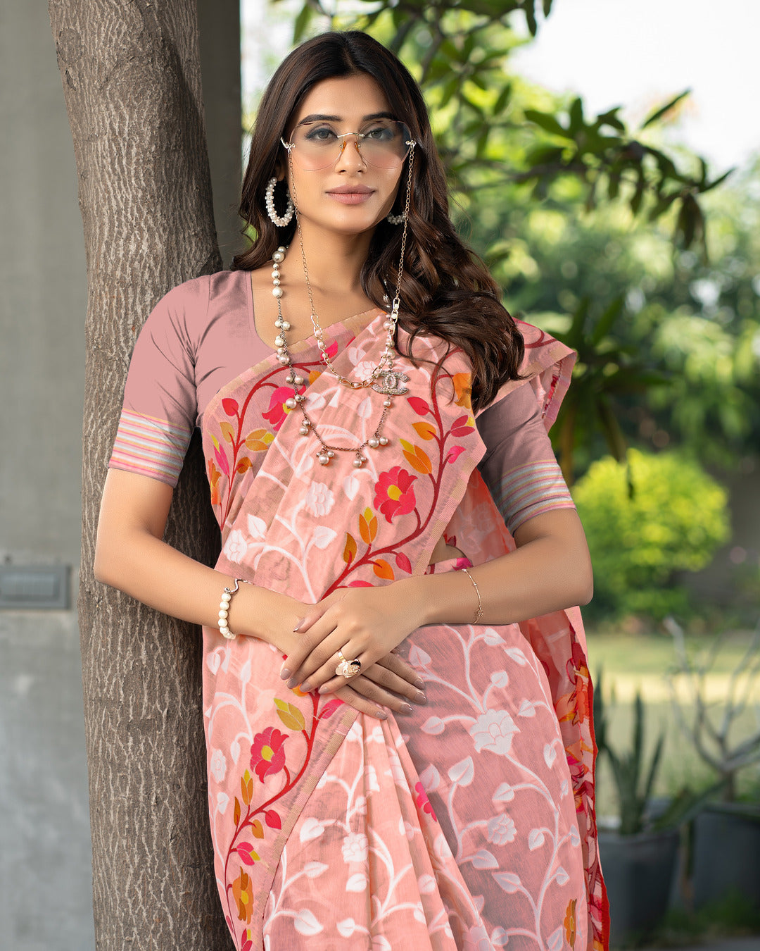 Dhiyona GR Women's Ruhani Blushing Peach Cotton Jamdani Saree