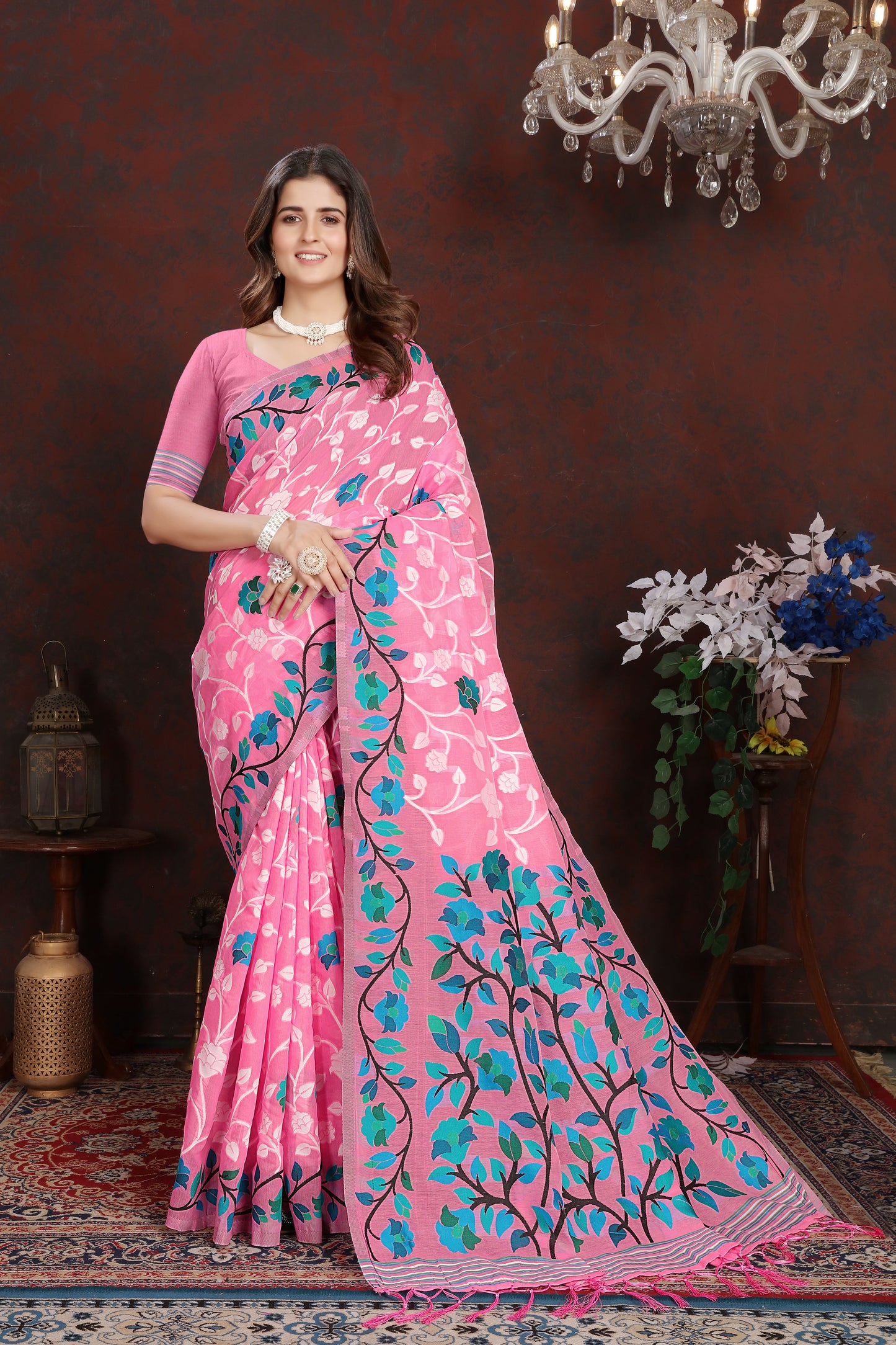 Dhiyona GR Women's Ruhani Cotton Candy Pink Cotton Jamdani Saree