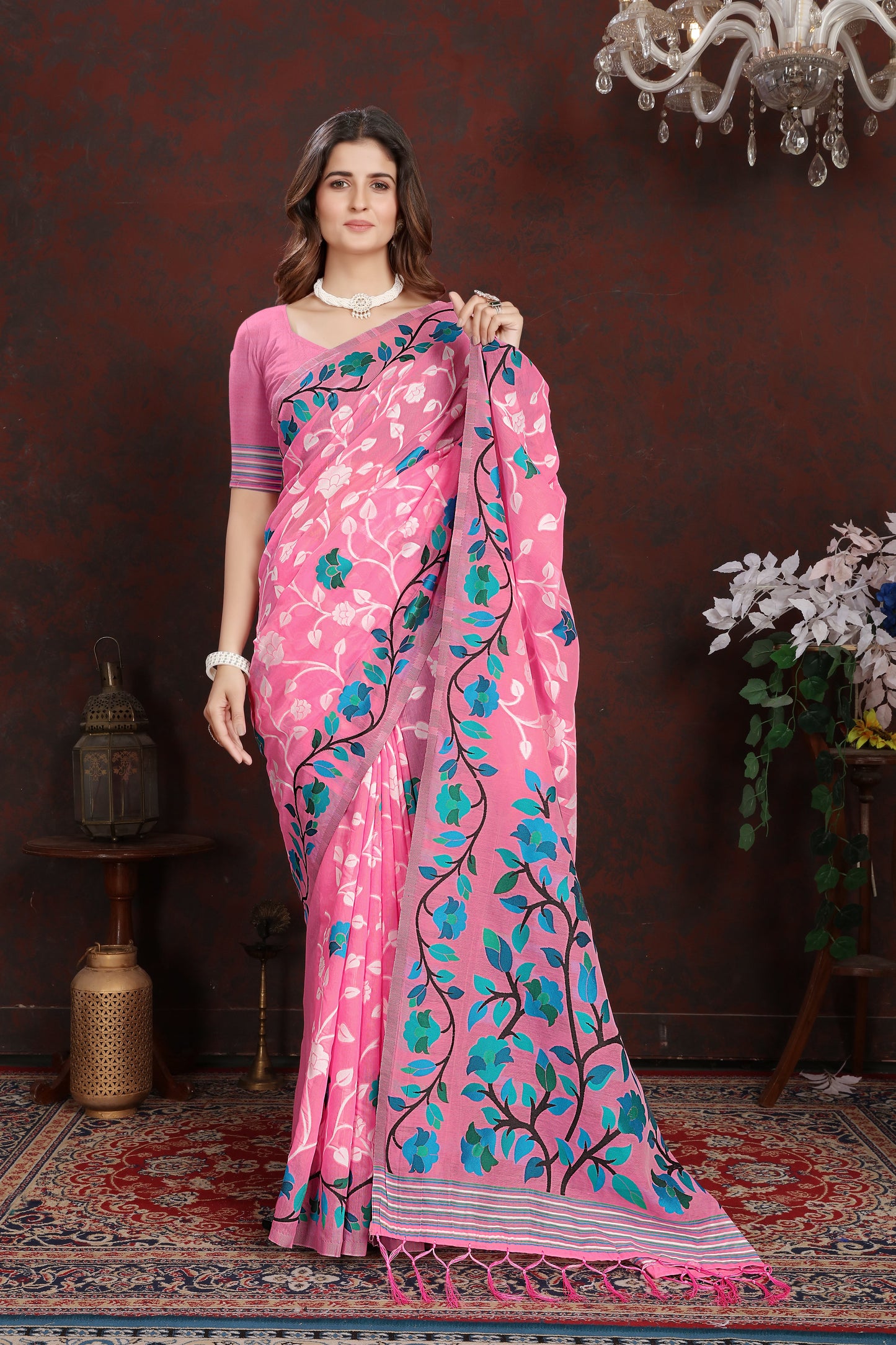 Dhiyona GR Women's Ruhani Cotton Candy Pink Cotton Jamdani Saree