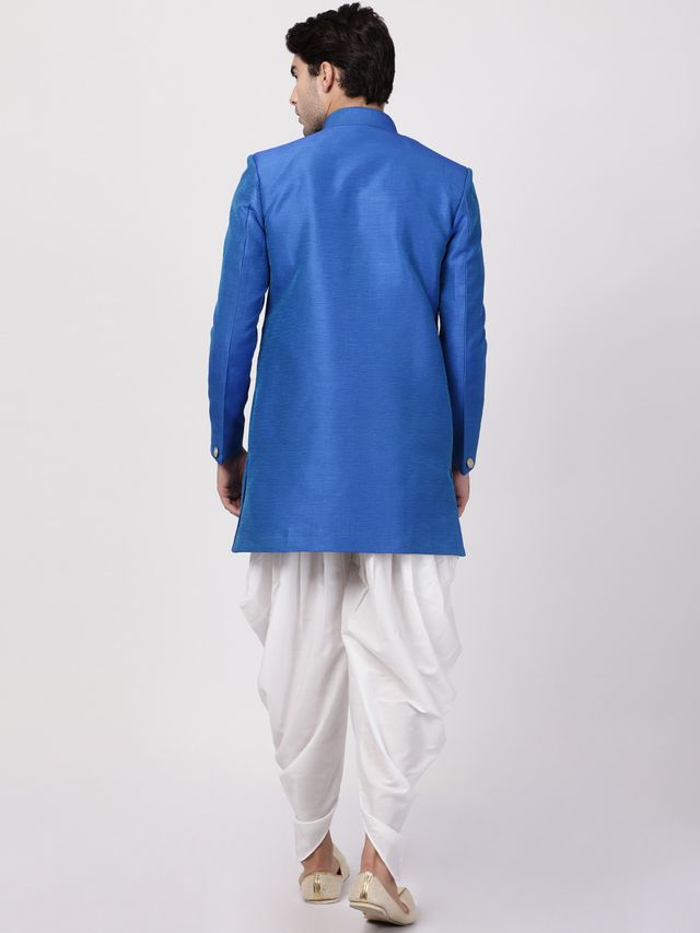 Men's Blue Silk Blend Straight Sherwani Set
